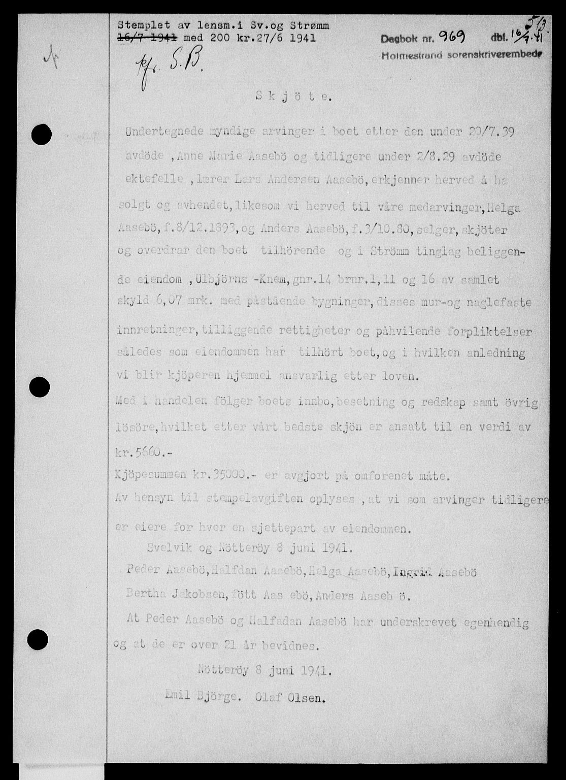 Holmestrand sorenskriveri, SAKO/A-67/G/Ga/Gaa/L0053: Pantebok nr. A-53, 1941-1941, Dagboknr: 969/1941