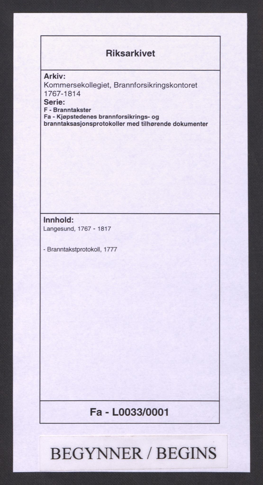 Kommersekollegiet, Brannforsikringskontoret 1767-1814, RA/EA-5458/F/Fa/L0033/0001: Langesund / Branntakstprotokoll, 1777