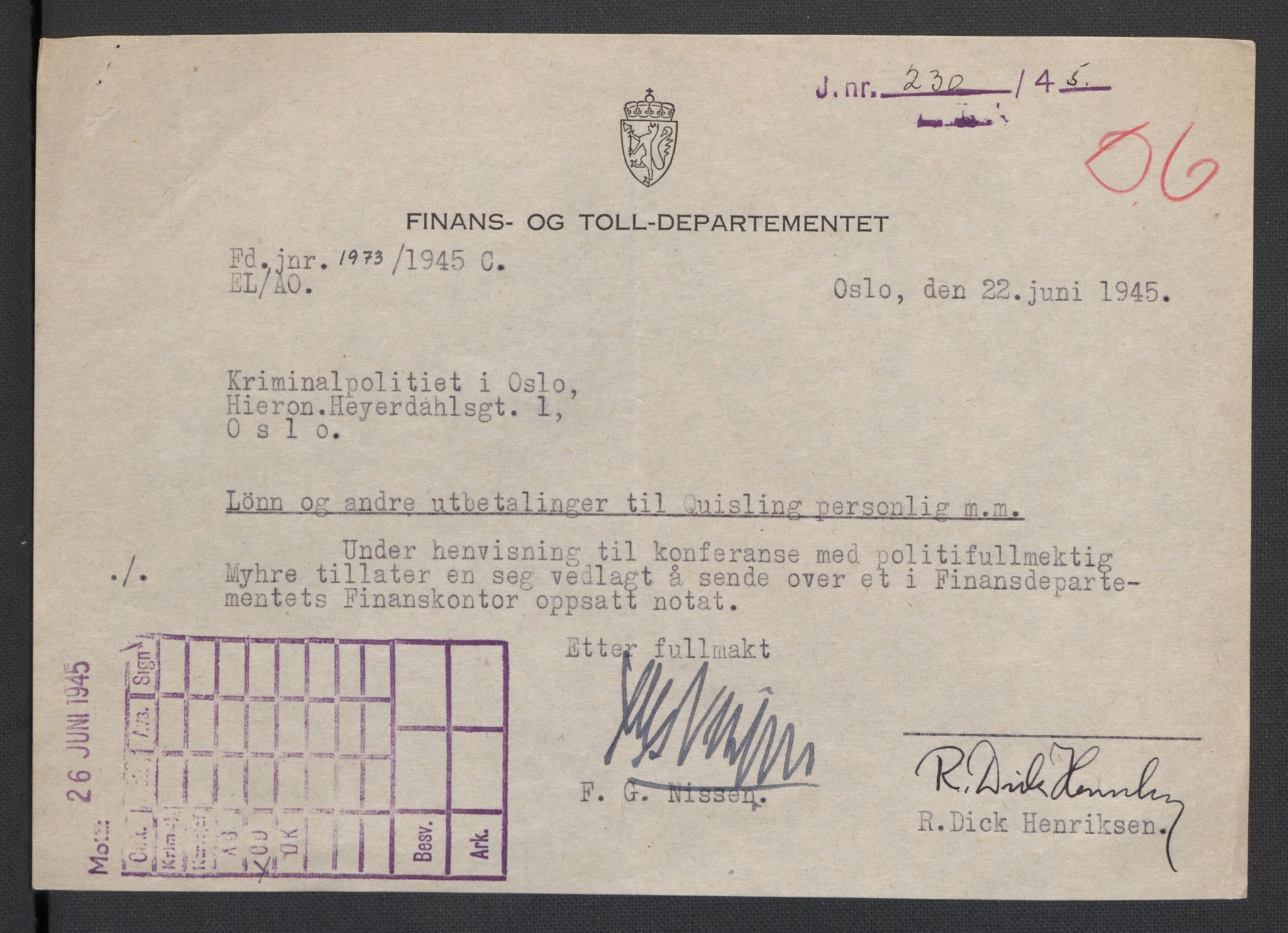 Landssvikarkivet, Oslo politikammer, AV/RA-S-3138-01/D/Da/L0003: Dnr. 29, 1945, s. 2713