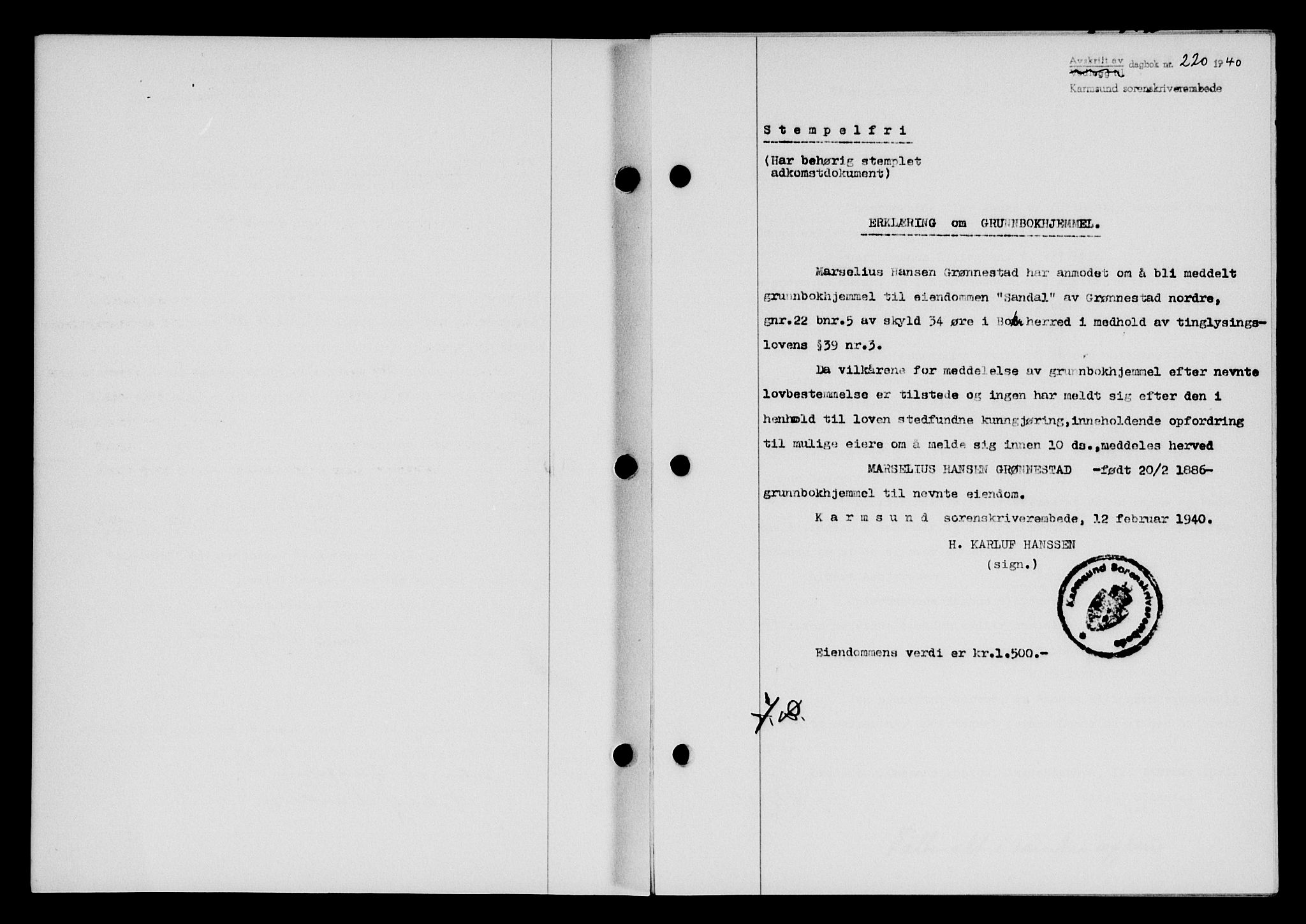 Karmsund sorenskriveri, SAST/A-100311/01/II/IIB/L0072: Pantebok nr. 53A, 1939-1940, Dagboknr: 220/1940