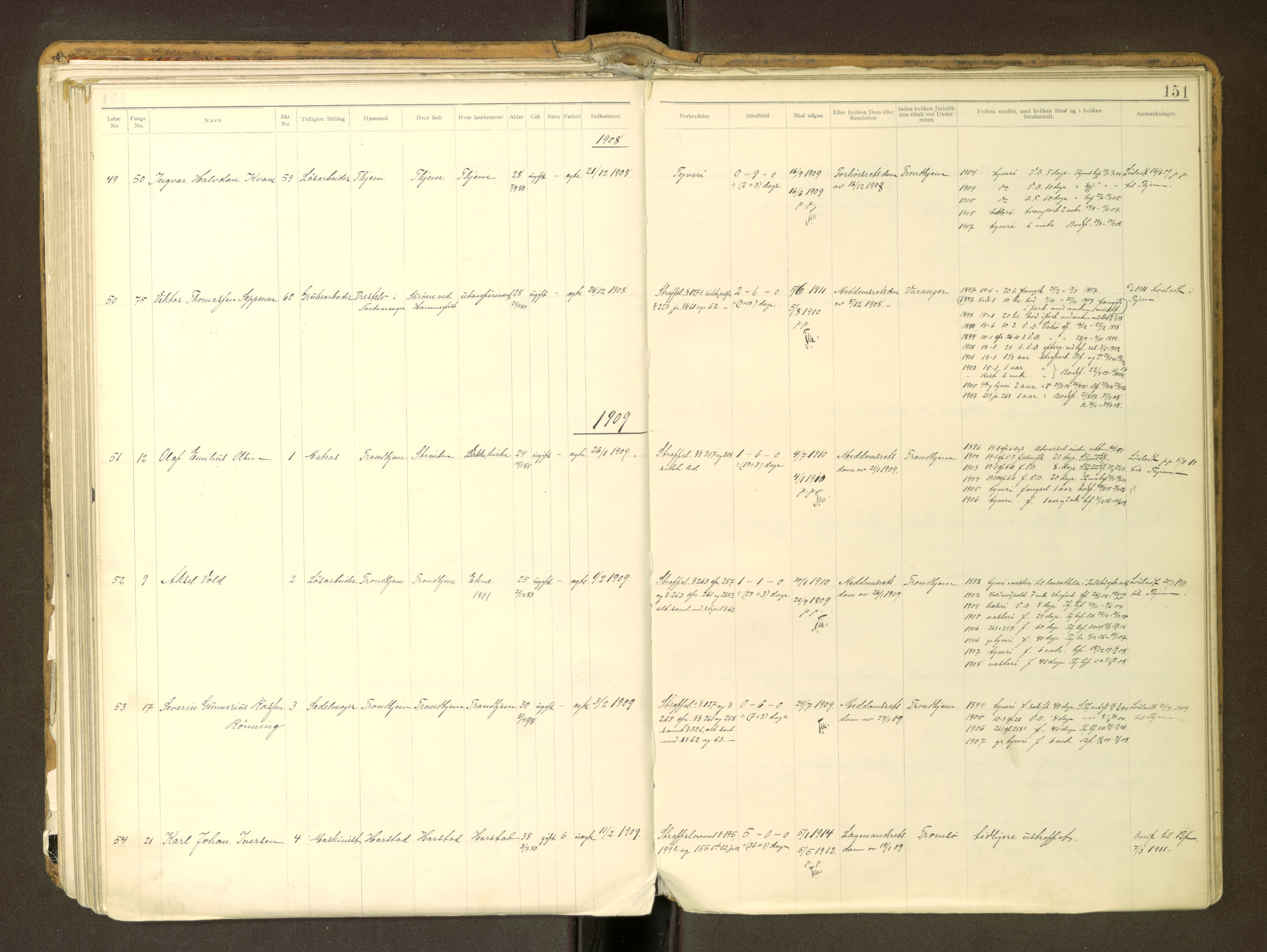 Trondheim tukthus, SAT/A-4619/05/65/L0037: 65.37 Fangeprotokoll m/reg, 1898-1914, s. 151