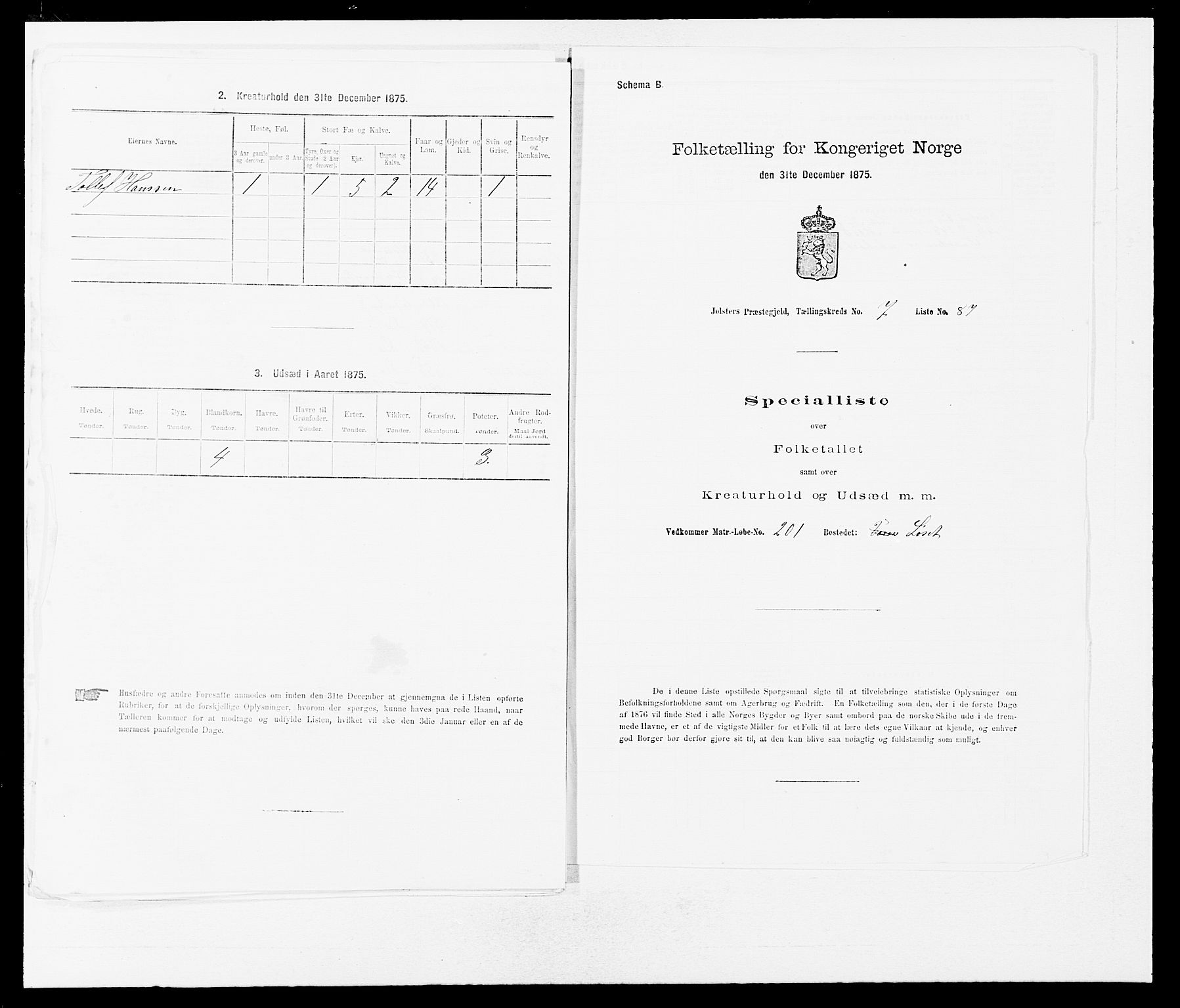 SAB, Folketelling 1875 for 1431P Jølster prestegjeld, 1875, s. 698