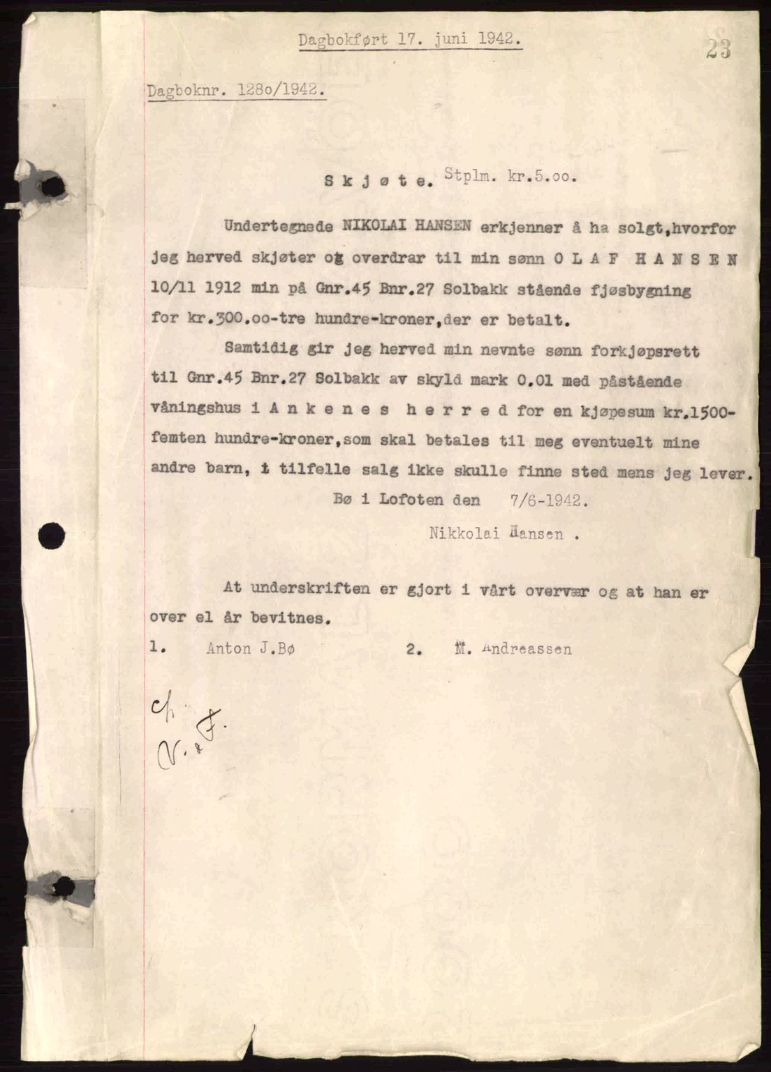 Steigen og Ofoten sorenskriveri, AV/SAT-A-0030/1/2/2C: Pantebok nr. A9-12, 1942-1946, Dagboknr: 1280/1942