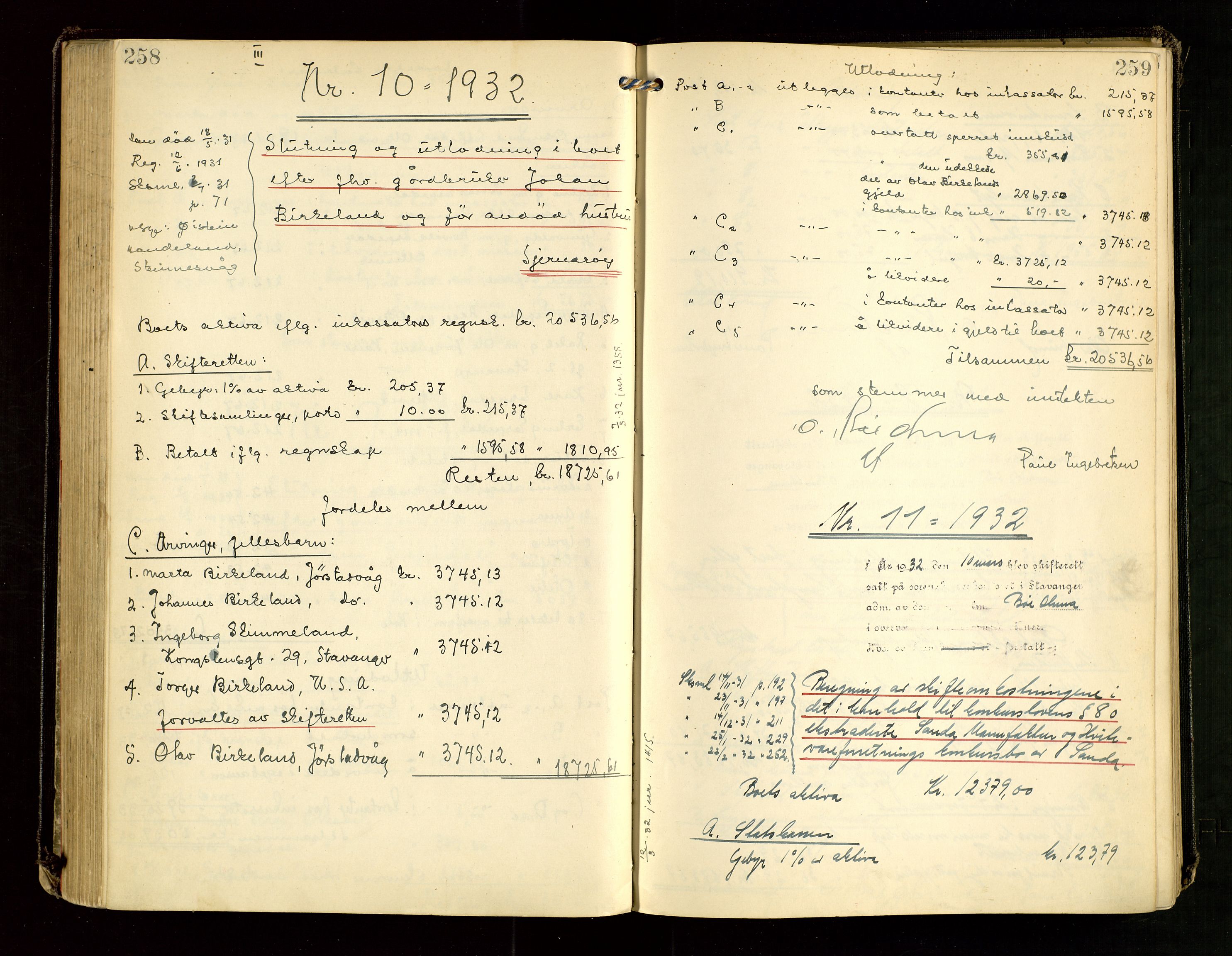 Ryfylke tingrett, AV/SAST-A-100055/001/IV/IVG/L0007: Skifteutlodningsprotokoll Med register, 1929-1933, s. 258-259