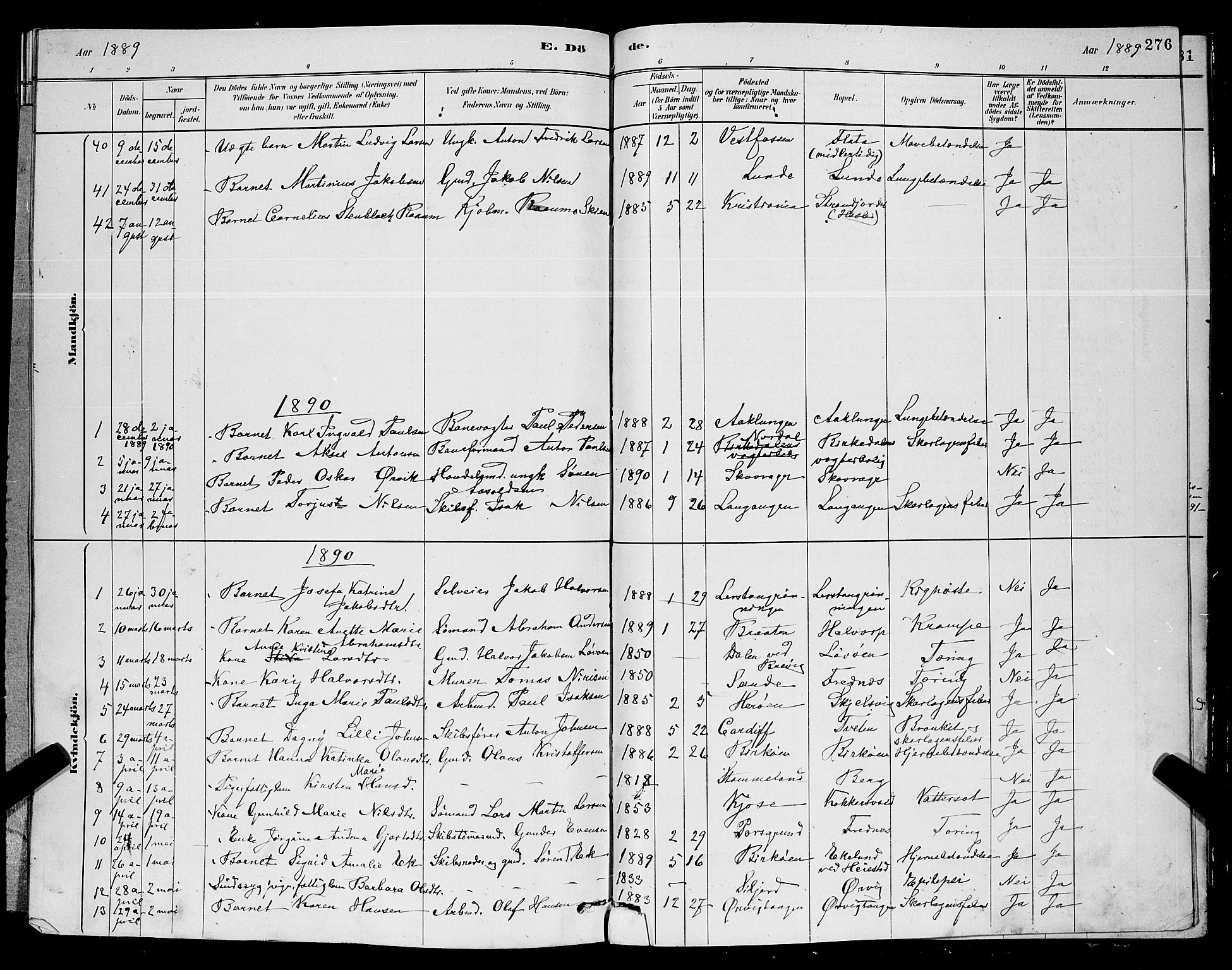 Eidanger kirkebøker, AV/SAKO-A-261/G/Ga/L0002: Klokkerbok nr. 2, 1879-1892, s. 276