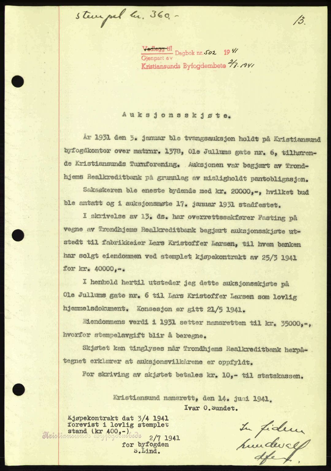 Kristiansund byfogd, AV/SAT-A-4587/A/27: Pantebok nr. 34, 1941-1945, Dagboknr: 502/1941