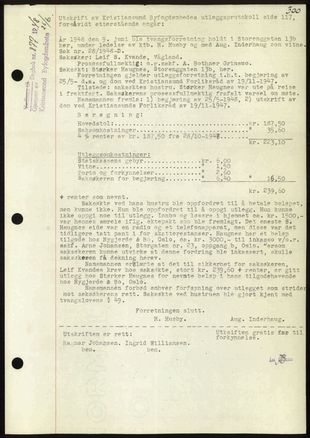 Kristiansund byfogd, AV/SAT-A-4587/A/27: Pantebok nr. 44, 1947-1948, Dagboknr: 877/1948