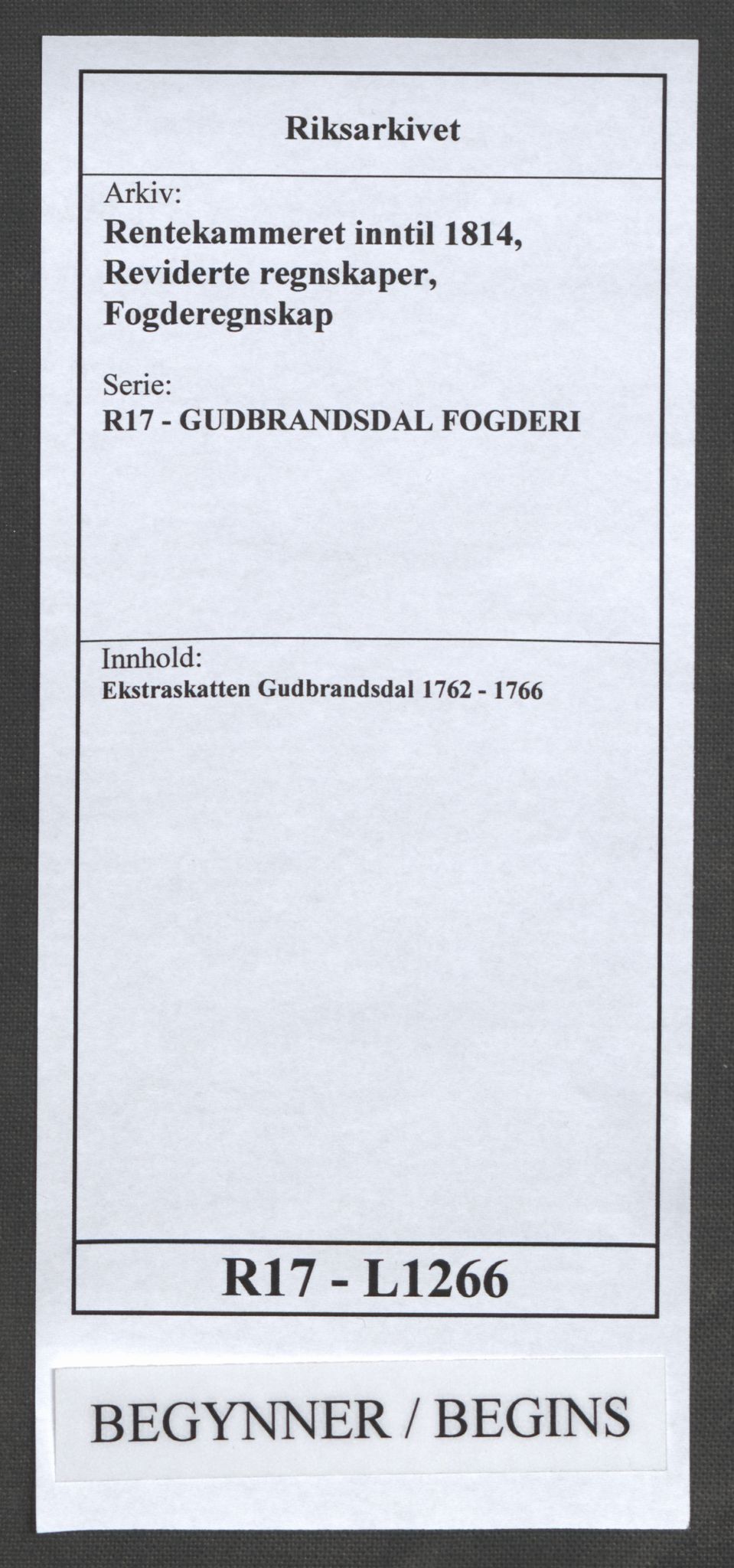 Rentekammeret inntil 1814, Reviderte regnskaper, Fogderegnskap, RA/EA-4092/R17/L1266: Ekstraskatten Gudbrandsdal, 1762-1766, s. 1