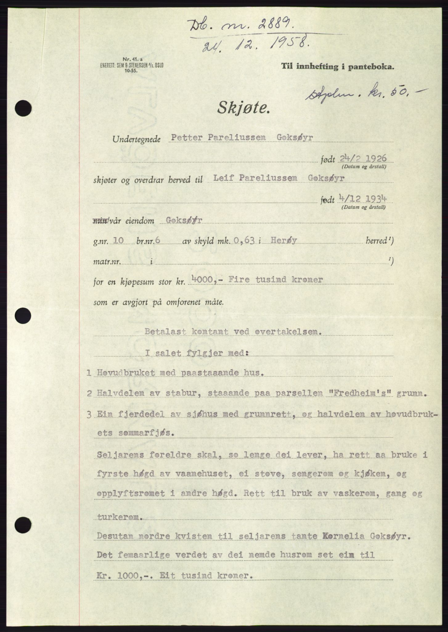 Søre Sunnmøre sorenskriveri, SAT/A-4122/1/2/2C/L0111: Pantebok nr. 37A, 1958-1959, Dagboknr: 2889/1958
