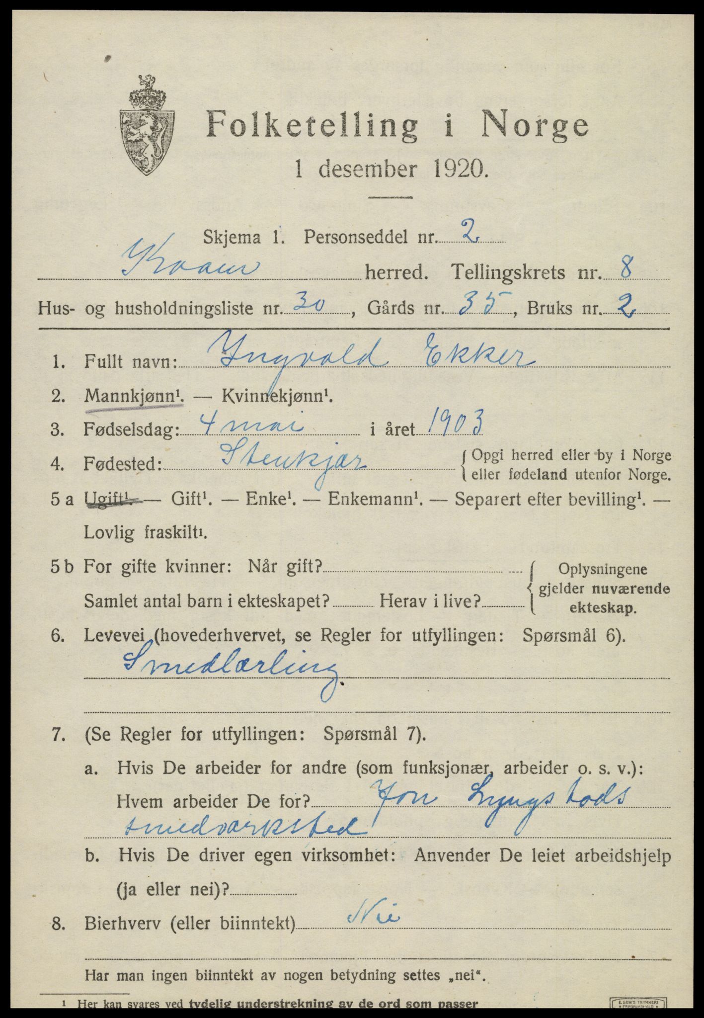 SAT, Folketelling 1920 for 1735 Kvam herred, 1920, s. 2325