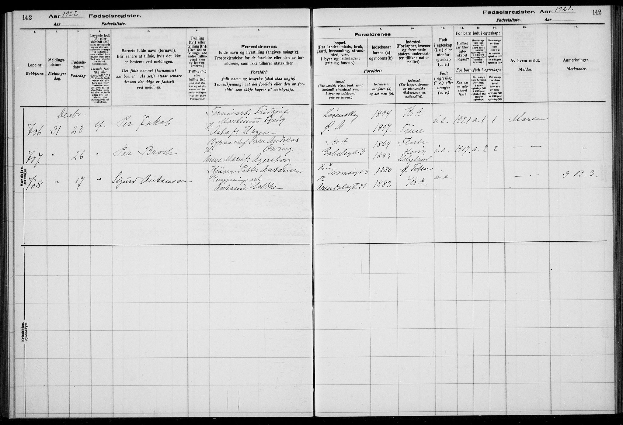 Rikshospitalet prestekontor Kirkebøker, AV/SAO-A-10309b/J/L0007: Fødselsregister nr. 7, 1922-1922, s. 142