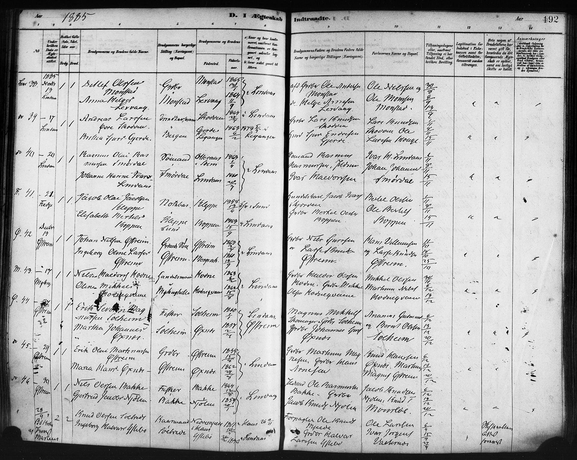 Lindås Sokneprestembete, AV/SAB-A-76701/H/Haa/Haaa/L0019: Ministerialbok nr. A 19, 1878-1912, s. 192