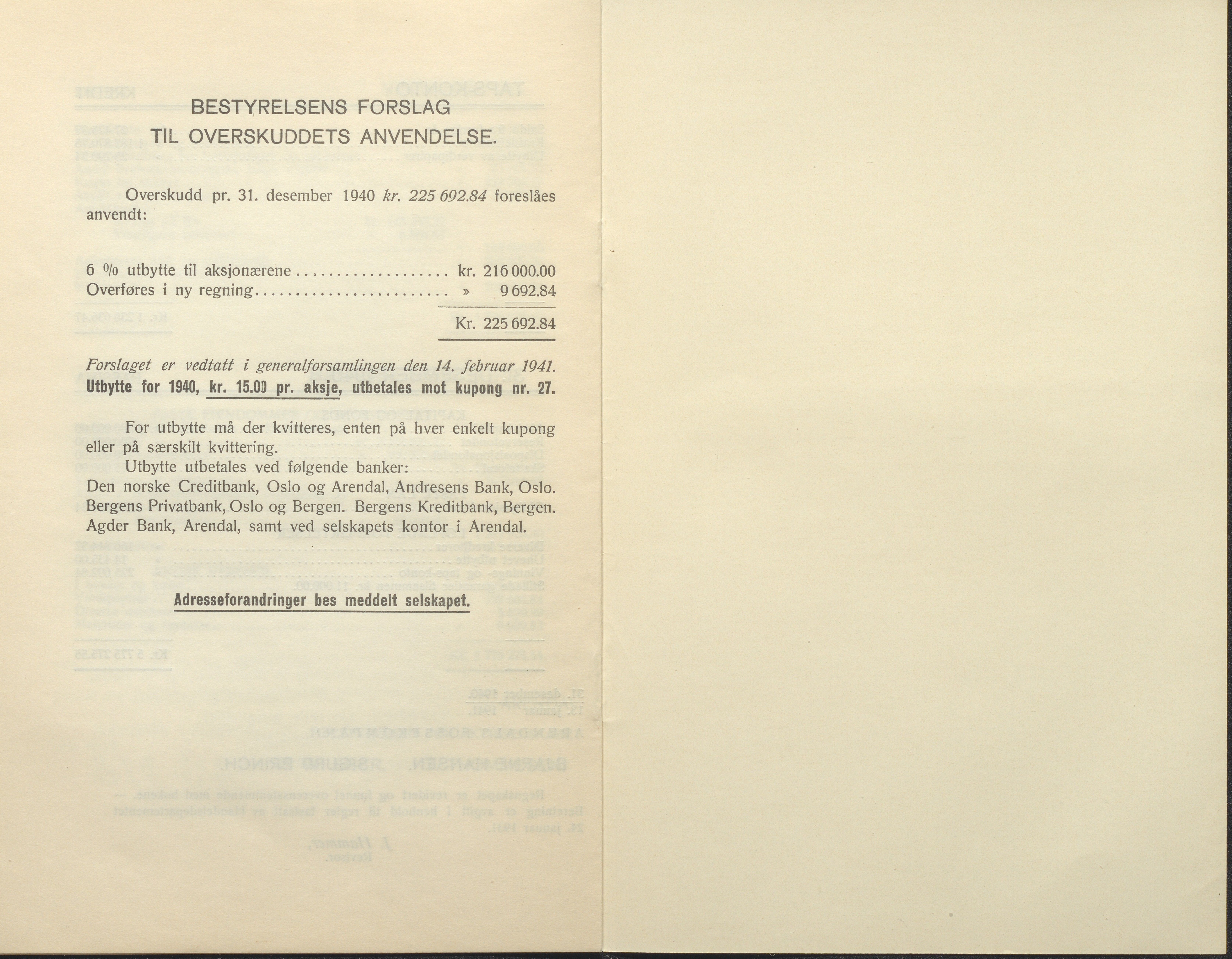 Arendals Fossekompani, AAKS/PA-2413/X/X01/L0001/0010: Beretninger, regnskap, balansekonto, gevinst- og tapskonto / Årsberetning og regnskap 1936 - 1942, 1936-1942