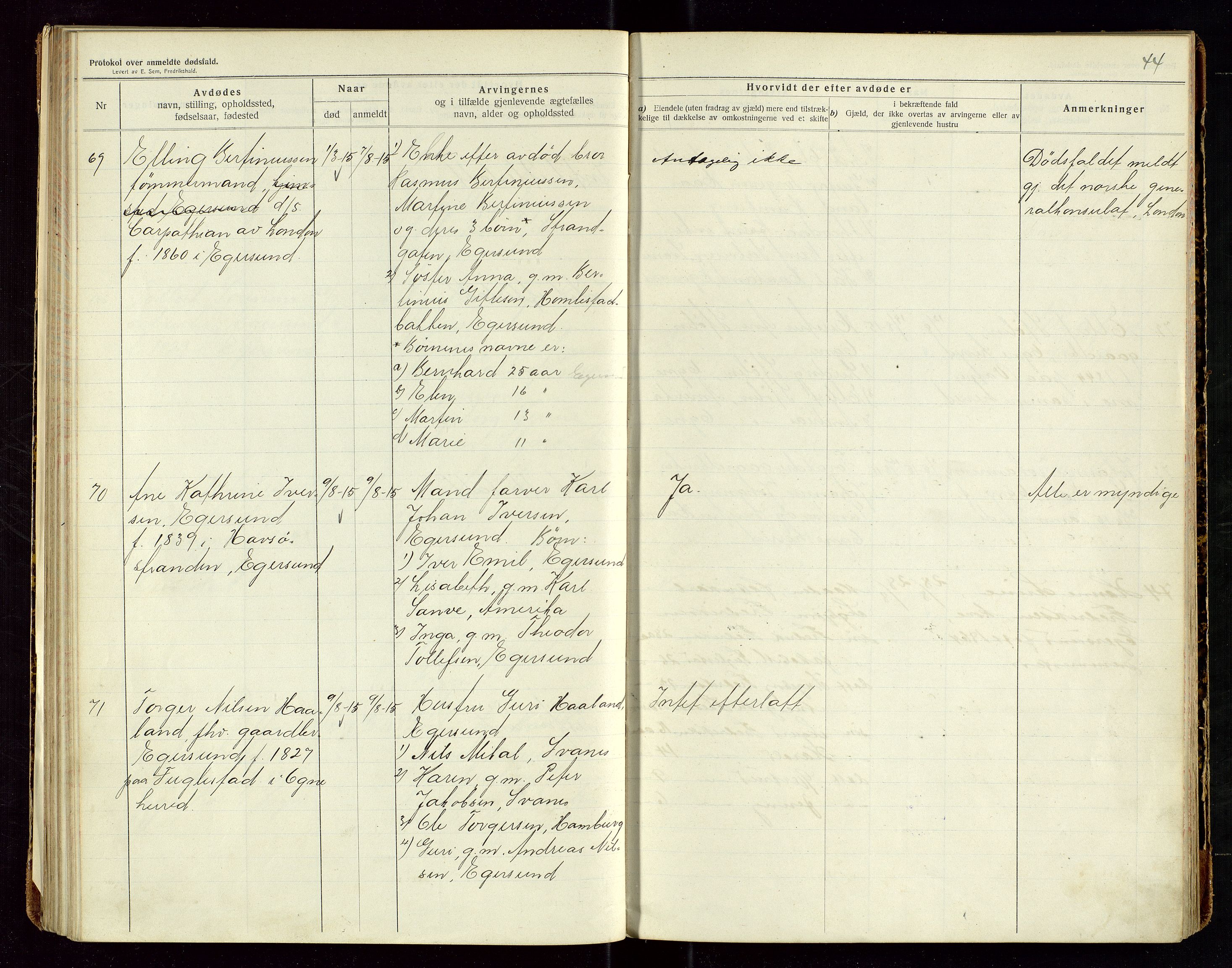 Eigersund lensmannskontor, AV/SAST-A-100171/Gga/L0006: "Protokol over anmeldte dødsfald" m/alfabetisk navneregister, 1914-1917, s. 44