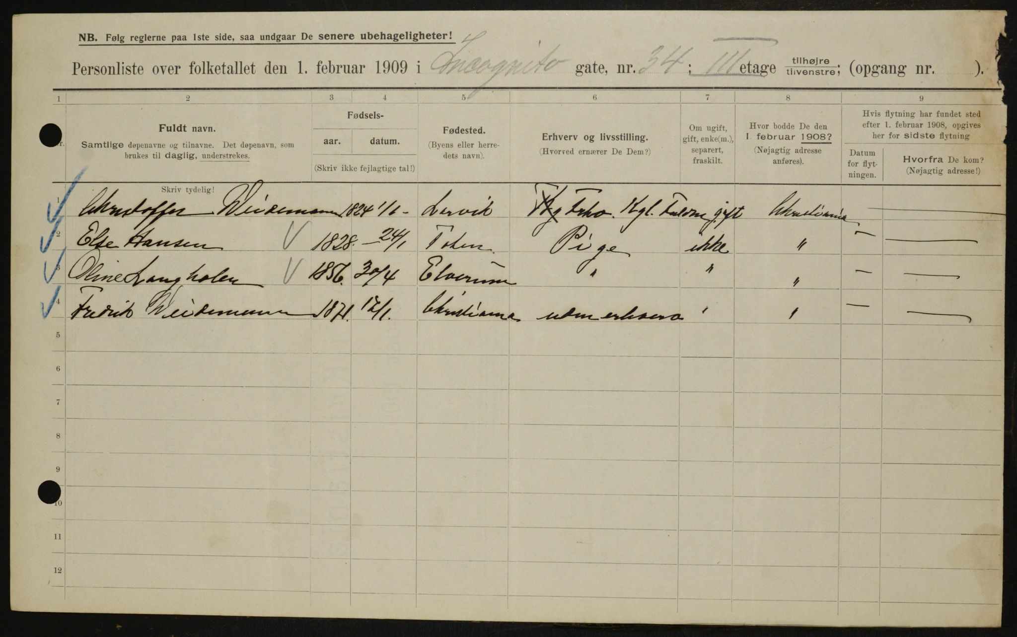 OBA, Kommunal folketelling 1.2.1909 for Kristiania kjøpstad, 1909, s. 40506
