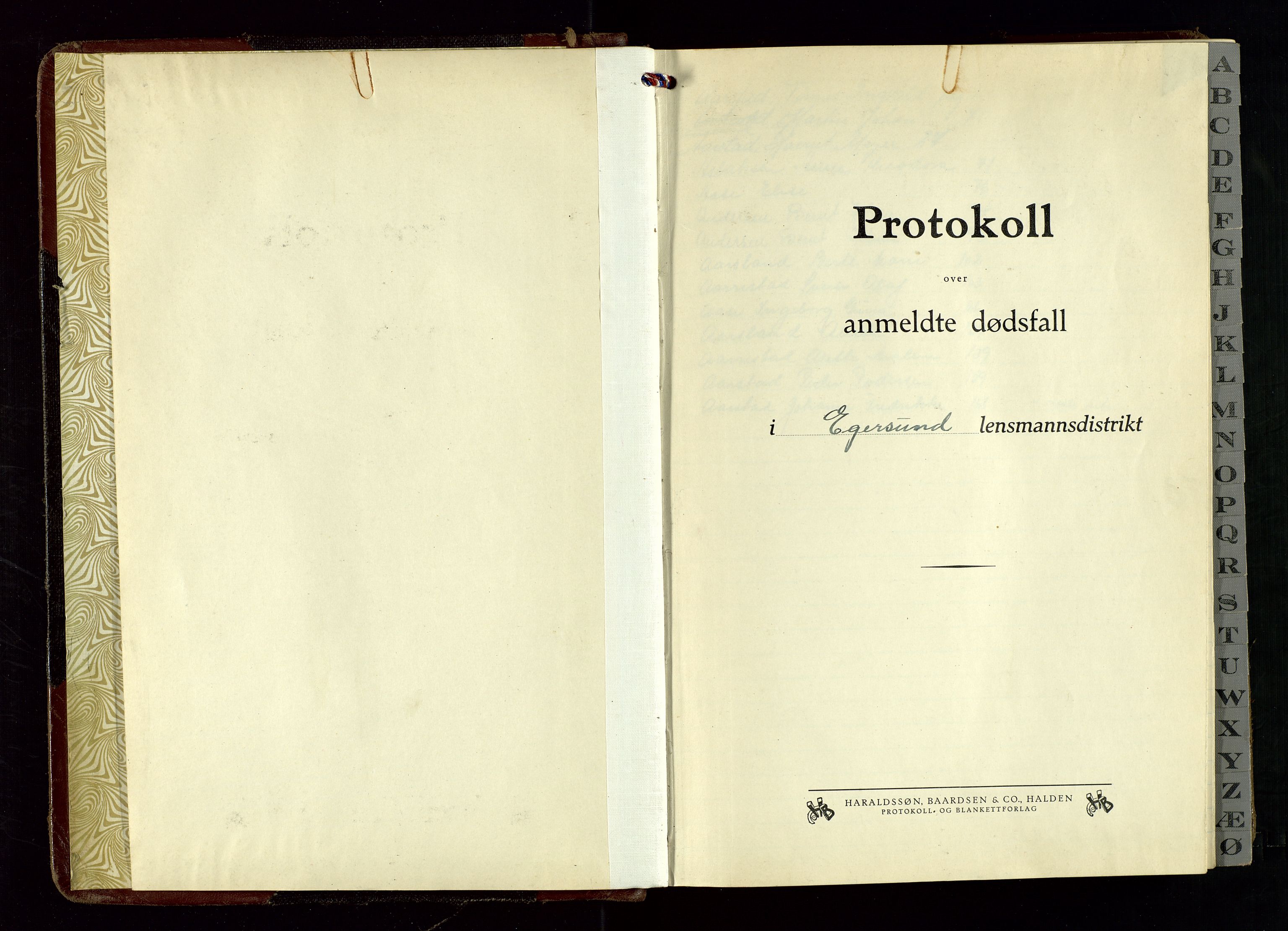 Eigersund lensmannskontor, SAST/A-100171/Gga/L0014: "Protokoll over anmeldte dødsfall" m/alfabetisk navneregister, 1938-1941