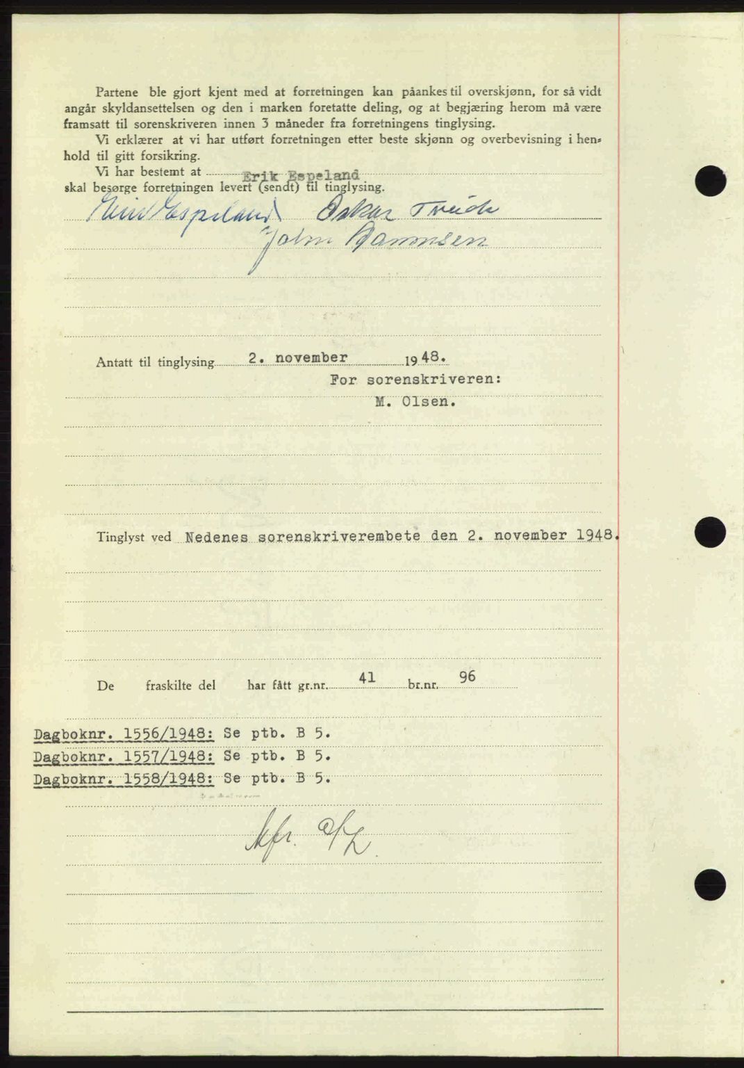 Nedenes sorenskriveri, SAK/1221-0006/G/Gb/Gba/L0059: Pantebok nr. A11, 1948-1948, Dagboknr: 1555/1948