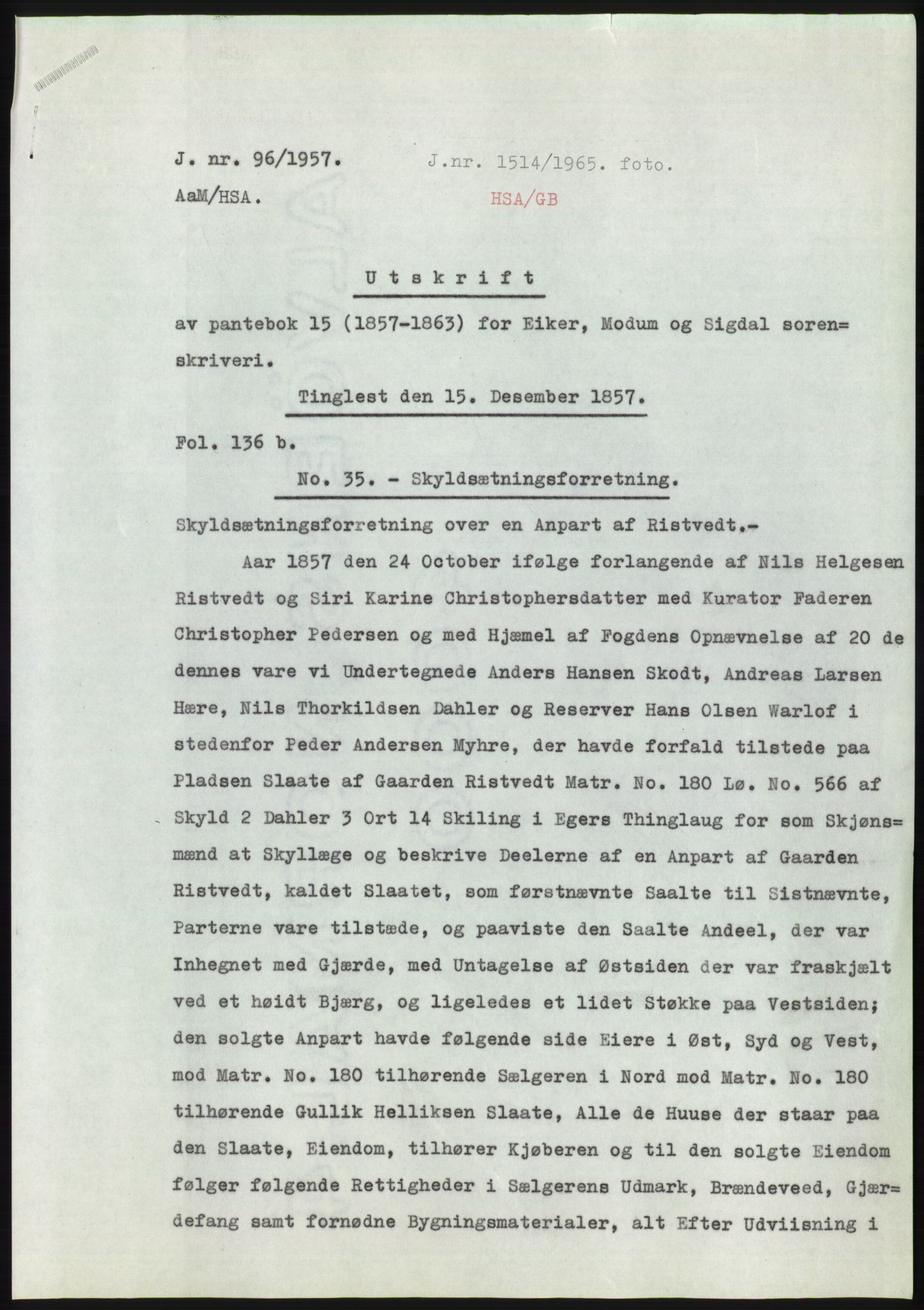 Statsarkivet i Kongsberg, AV/SAKO-A-0001/E/Ee/L0008: Avskrifter, SAO jnr. 1203/1956 - 344/1957, 1956-1957, s. 139