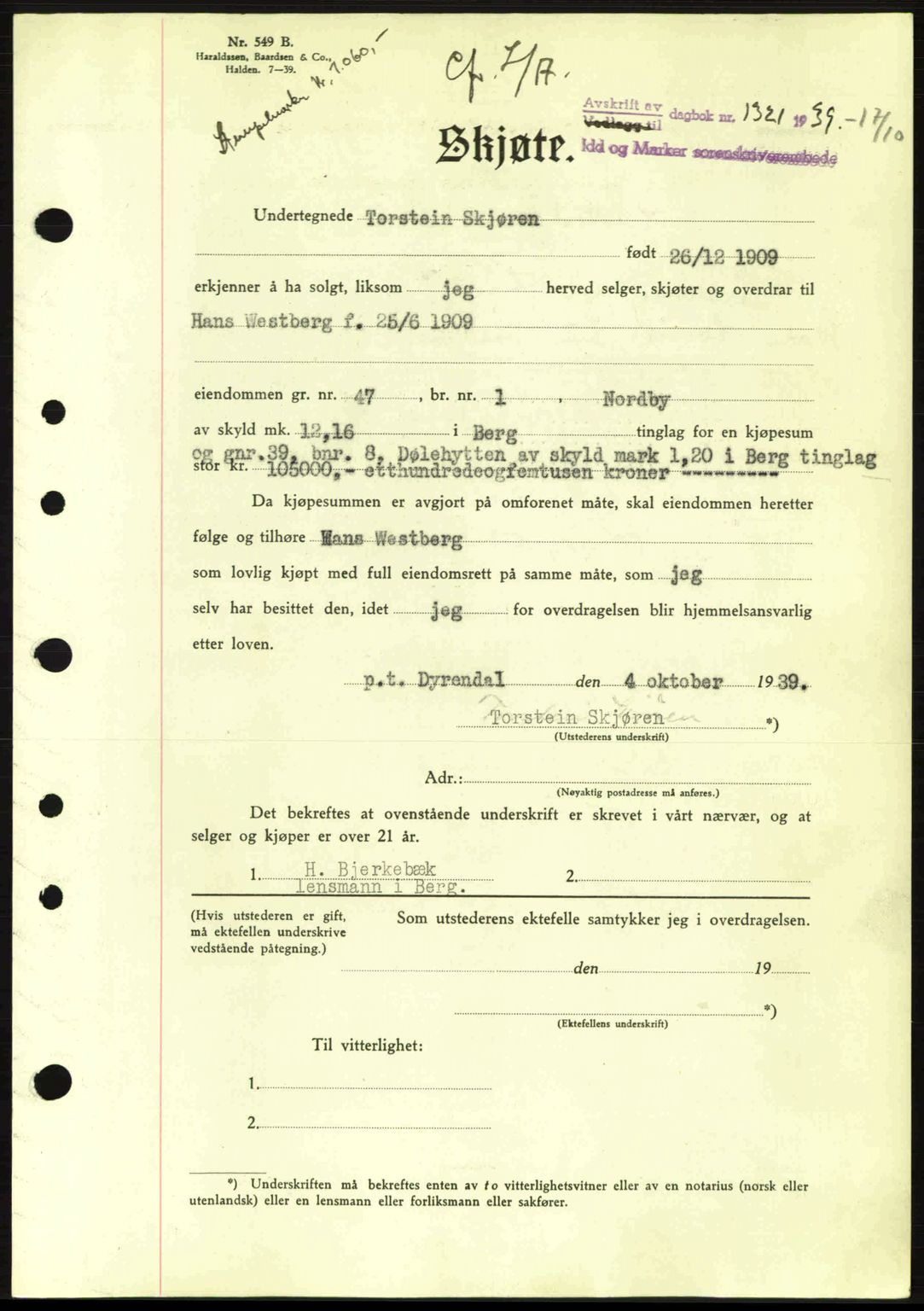 Idd og Marker sorenskriveri, AV/SAO-A-10283/G/Gb/Gbb/L0003: Pantebok nr. A3, 1938-1939, Dagboknr: 1321/1939