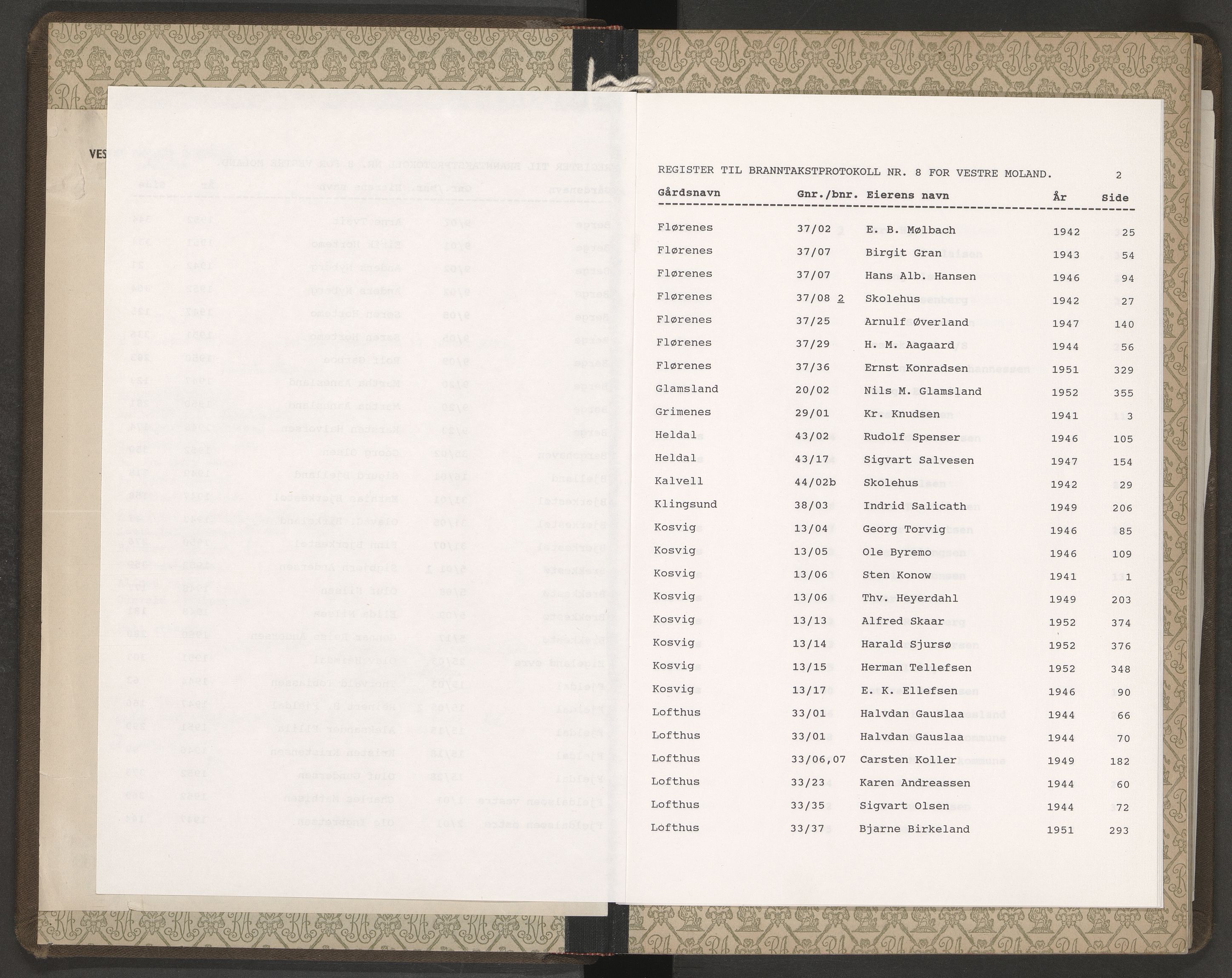 Norges Brannkasse Vestre Moland, AV/SAK-2241-0056/F/Fa/L0008: Branntakstprotokoll nr. 8 med gårdsnavnregister, 1941-1952