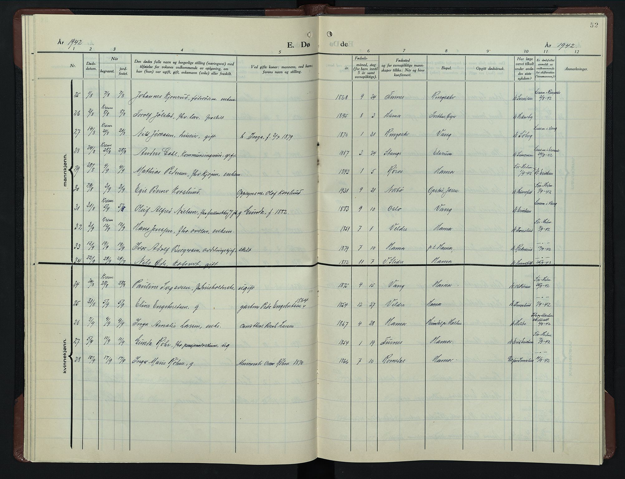 Hamar prestekontor, AV/SAH-DOMPH-002/H/Ha/Hab/L0007: Klokkerbok nr. 7, 1933-1950, s. 52