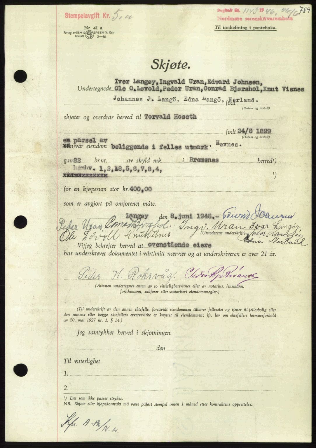 Nordmøre sorenskriveri, AV/SAT-A-4132/1/2/2Ca: Pantebok nr. A101, 1946-1946, Dagboknr: 1143/1946