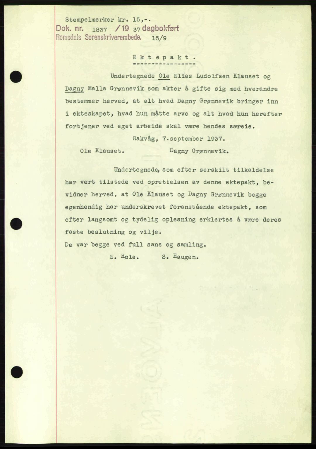 Romsdal sorenskriveri, SAT/A-4149/1/2/2C: Pantebok nr. A3, 1937-1937, Dagboknr: 1837/1937