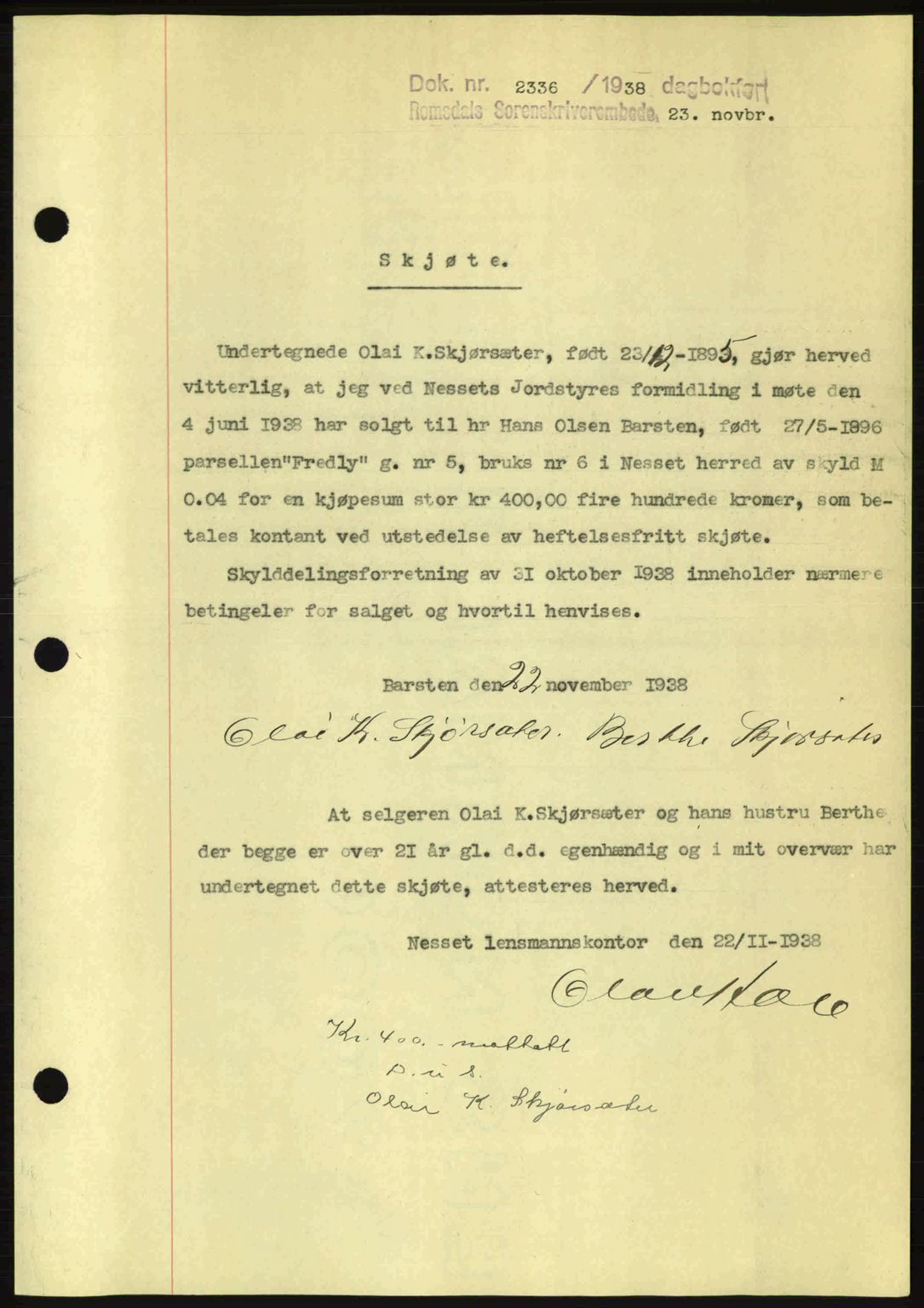 Romsdal sorenskriveri, SAT/A-4149/1/2/2C: Pantebok nr. A5, 1938-1938, Dagboknr: 2336/1938