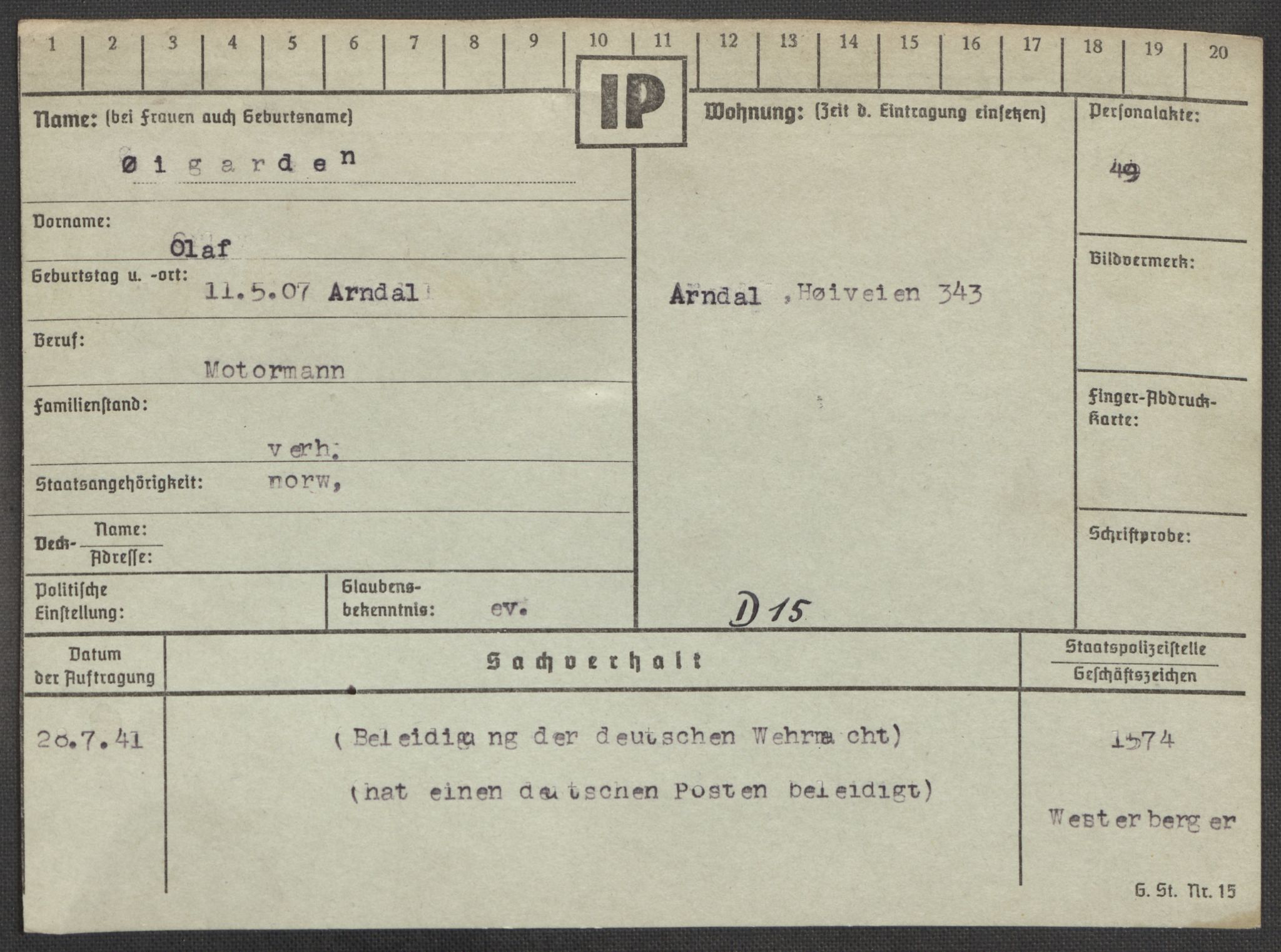 Befehlshaber der Sicherheitspolizei und des SD, AV/RA-RAFA-5969/E/Ea/Eaa/L0010: Register over norske fanger i Møllergata 19: Sø-Å, 1940-1945, s. 1244