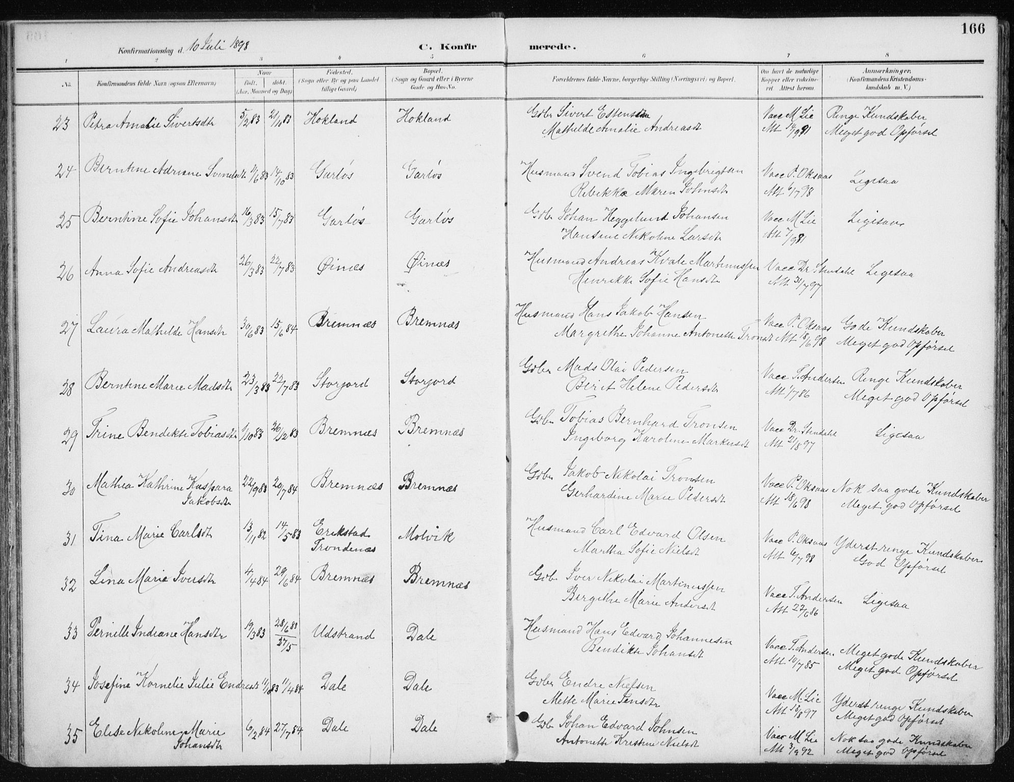 Kvæfjord sokneprestkontor, AV/SATØ-S-1323/G/Ga/Gaa/L0006kirke: Ministerialbok nr. 6, 1895-1914, s. 166