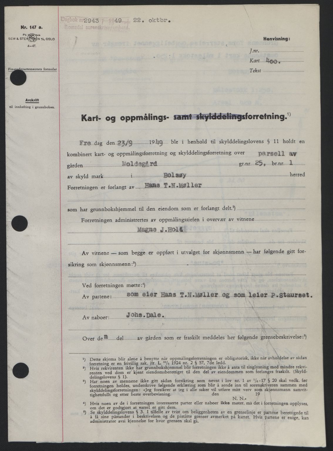 Romsdal sorenskriveri, SAT/A-4149/1/2/2C: Pantebok nr. A31, 1949-1949, Dagboknr: 2943/1949