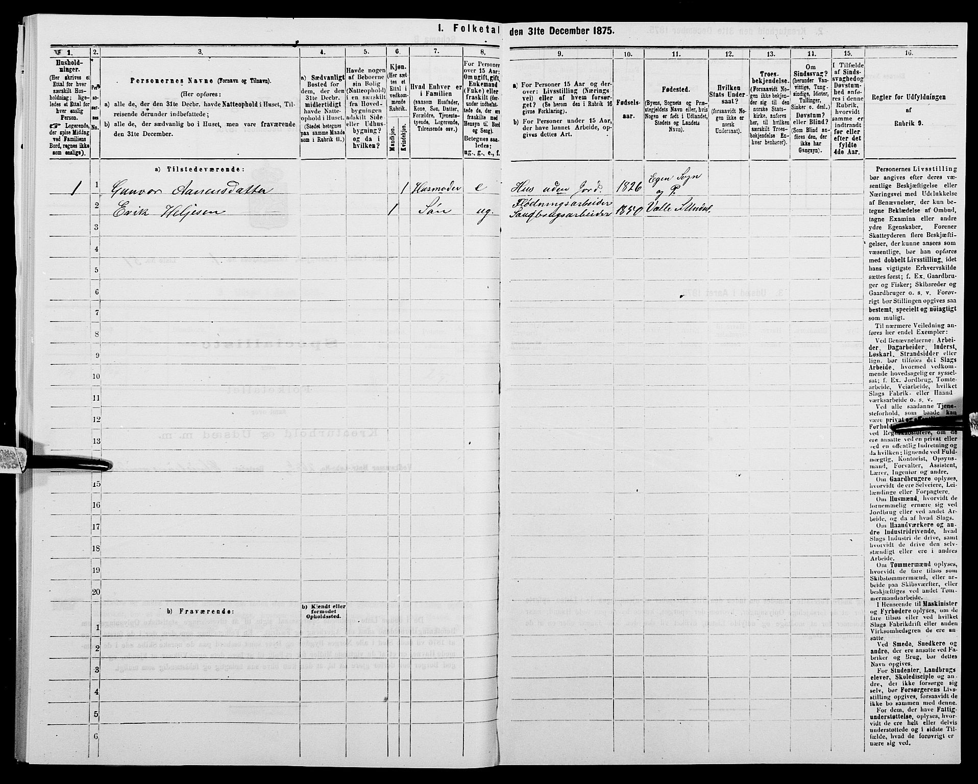 SAK, Folketelling 1875 for 1029P Sør-Audnedal prestegjeld, 1875, s. 196