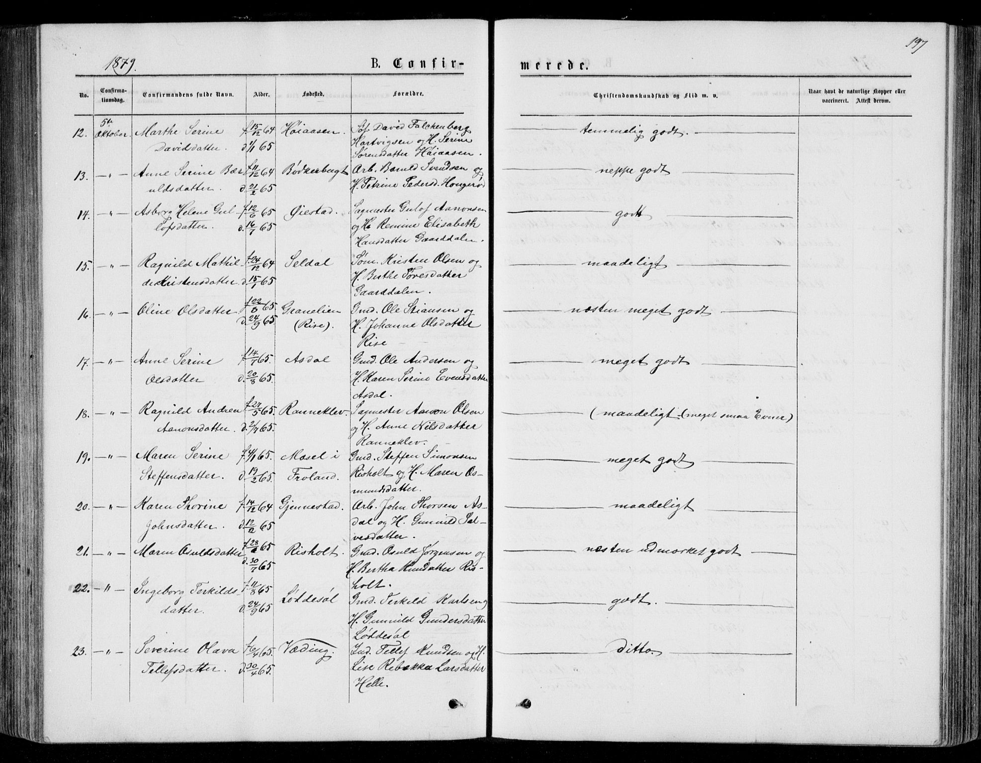 Øyestad sokneprestkontor, AV/SAK-1111-0049/F/Fb/L0008: Klokkerbok nr. B 8, 1872-1886, s. 197