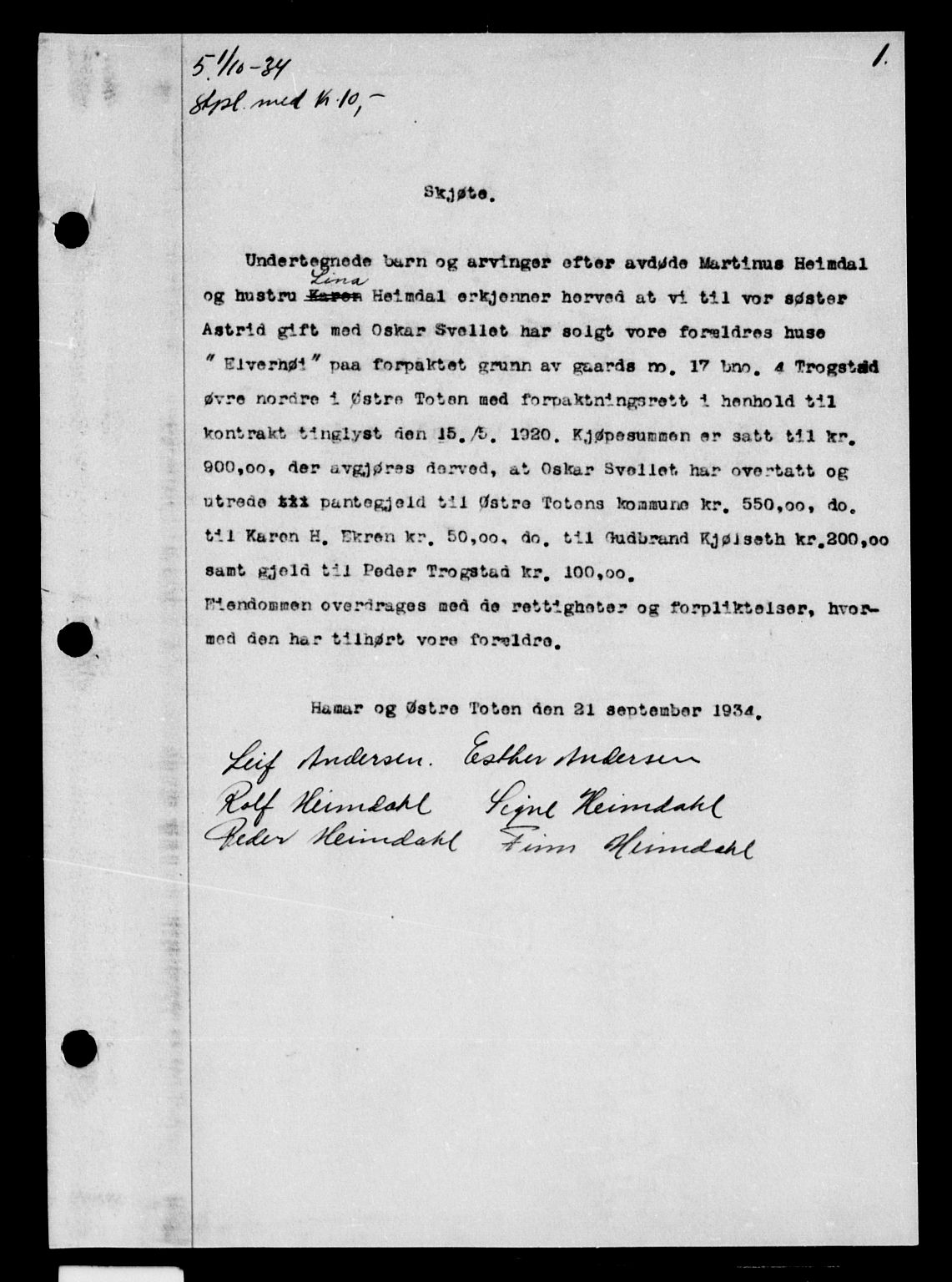 Toten tingrett, AV/SAH-TING-006/H/Hb/Hba/L0051: Pantebok nr. 51, 1934-1935, s. 1
