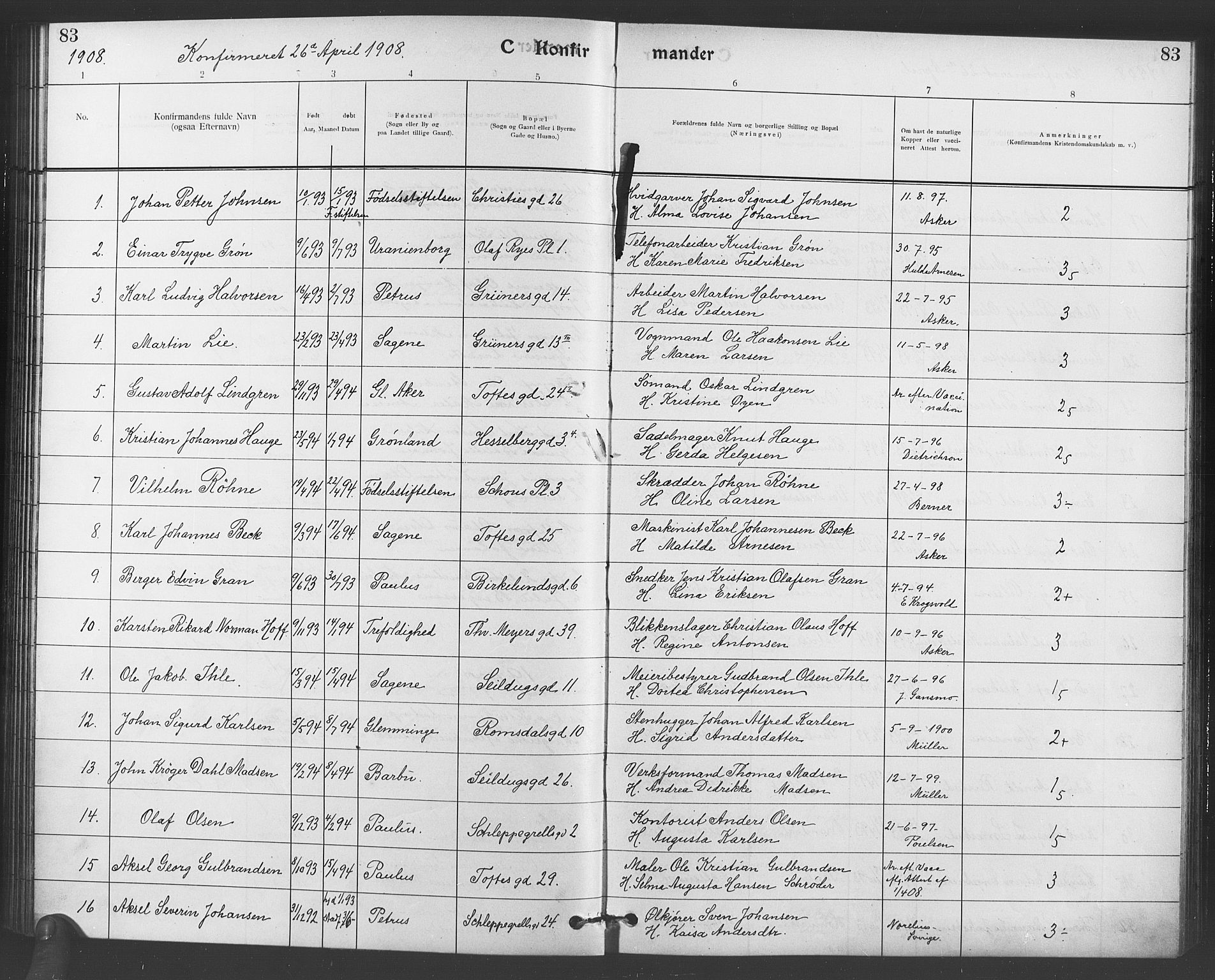 Paulus prestekontor Kirkebøker, AV/SAO-A-10871/F/Fa/L0008: Ministerialbok nr. 8, 1904-1912, s. 83