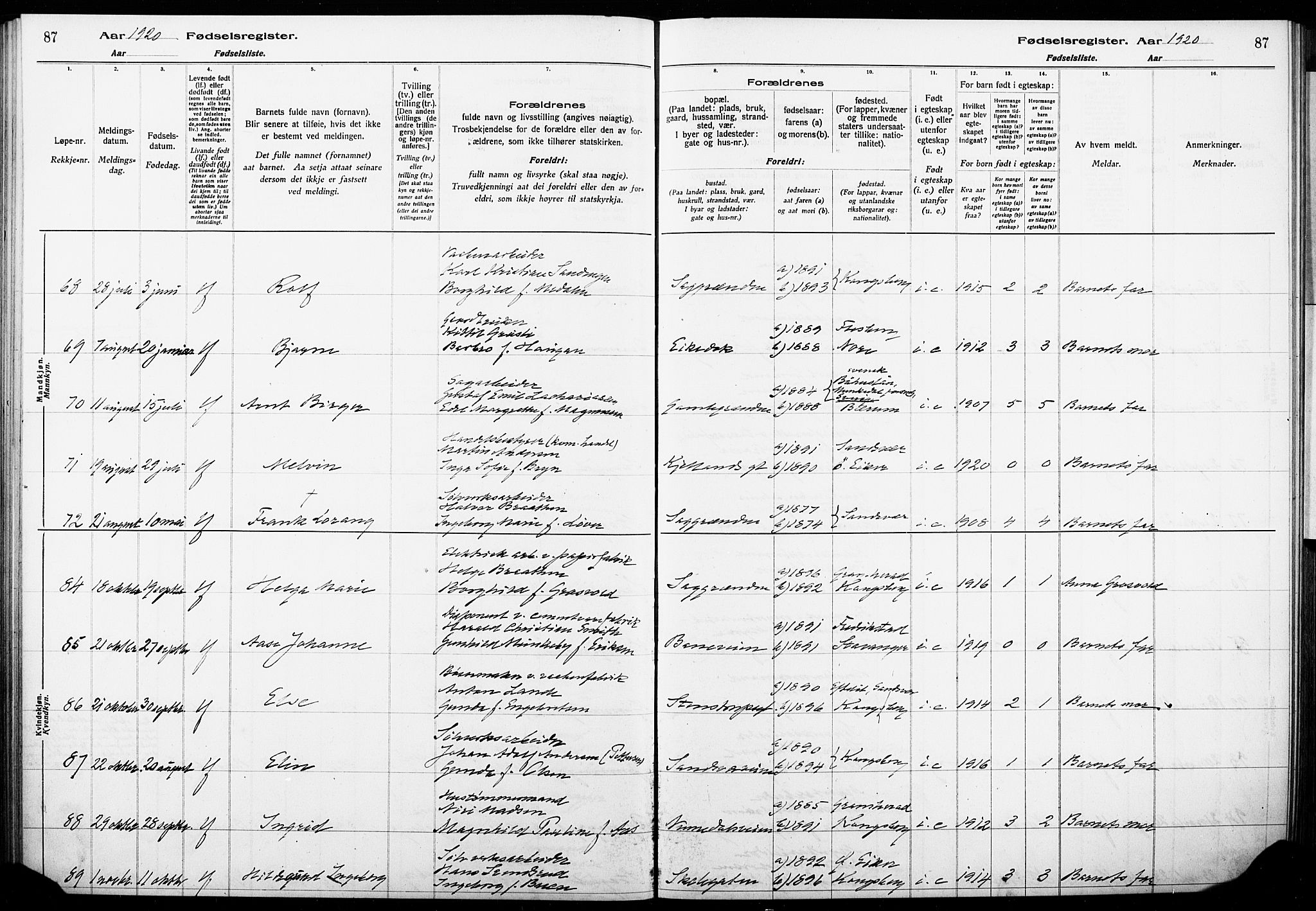 Kongsberg kirkebøker, AV/SAKO-A-22/J/Ja/L0001: Fødselsregister nr. I 1, 1916-1927, s. 87