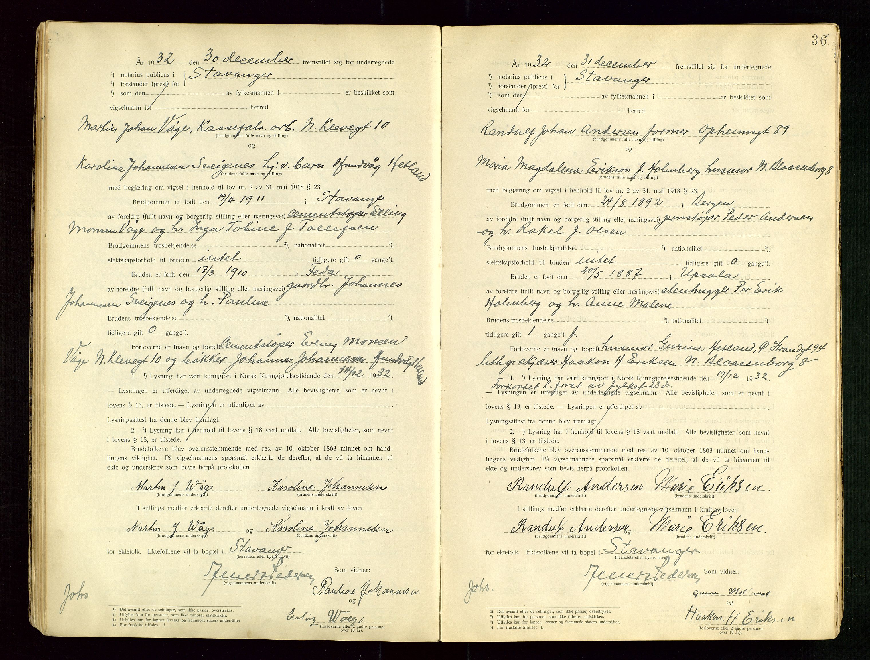 Stavanger byrett, AV/SAST-A-100455/001/6/62/62B/L0001: Vigselsprotokoll, 1931-1935, s. 36