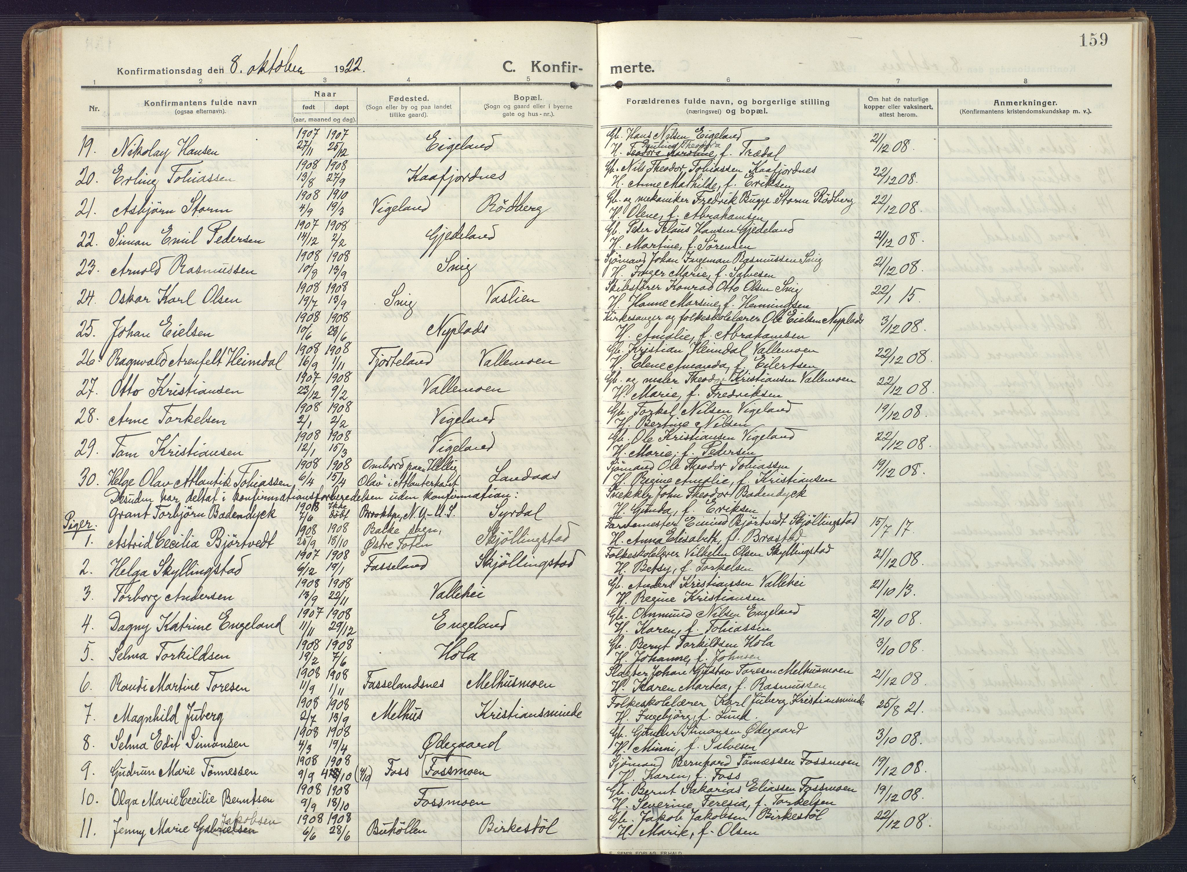 Sør-Audnedal sokneprestkontor, AV/SAK-1111-0039/F/Fa/Fab/L0011: Ministerialbok nr. A 11, 1912-1938, s. 159