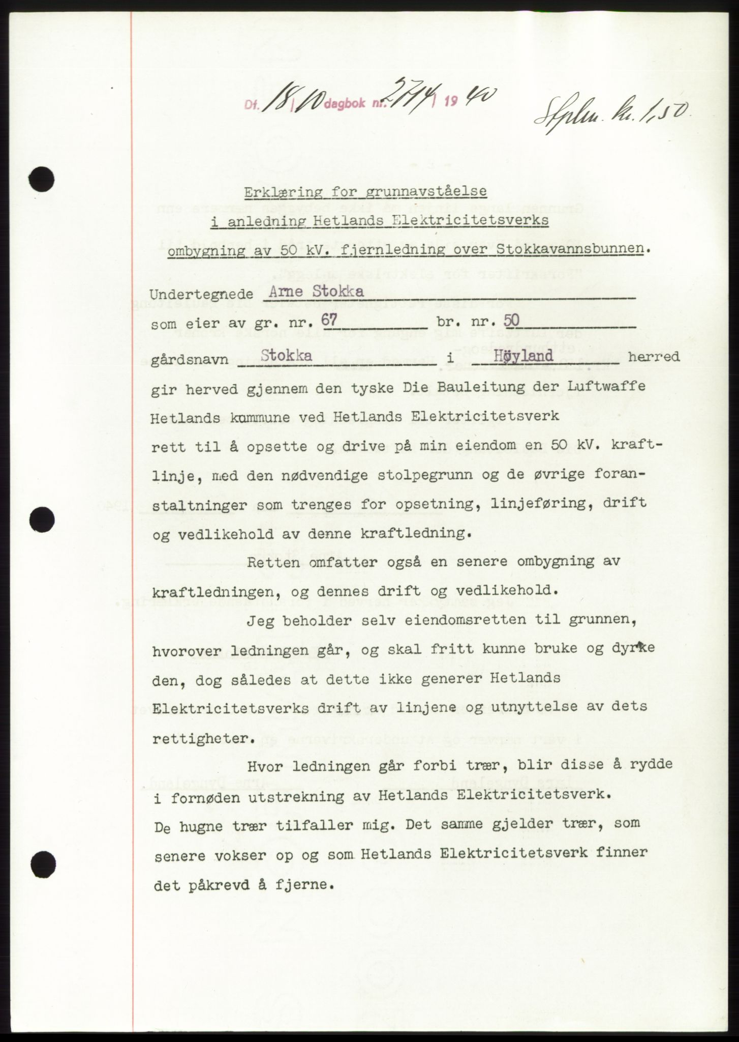 Jæren sorenskriveri, SAST/A-100310/03/G/Gba/L0078: Pantebok, 1940-1940, Dagboknr: 2714/1940