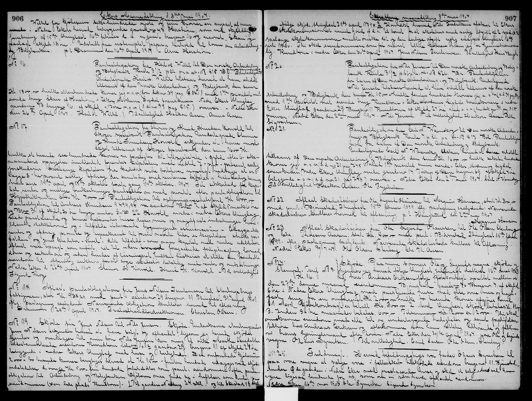 Eiker, Modum og Sigdal sorenskriveri, SAKO/A-123/G/Ga/Gaa/L0025: Pantebok nr. I 25, 1902-1904, s. 906-907