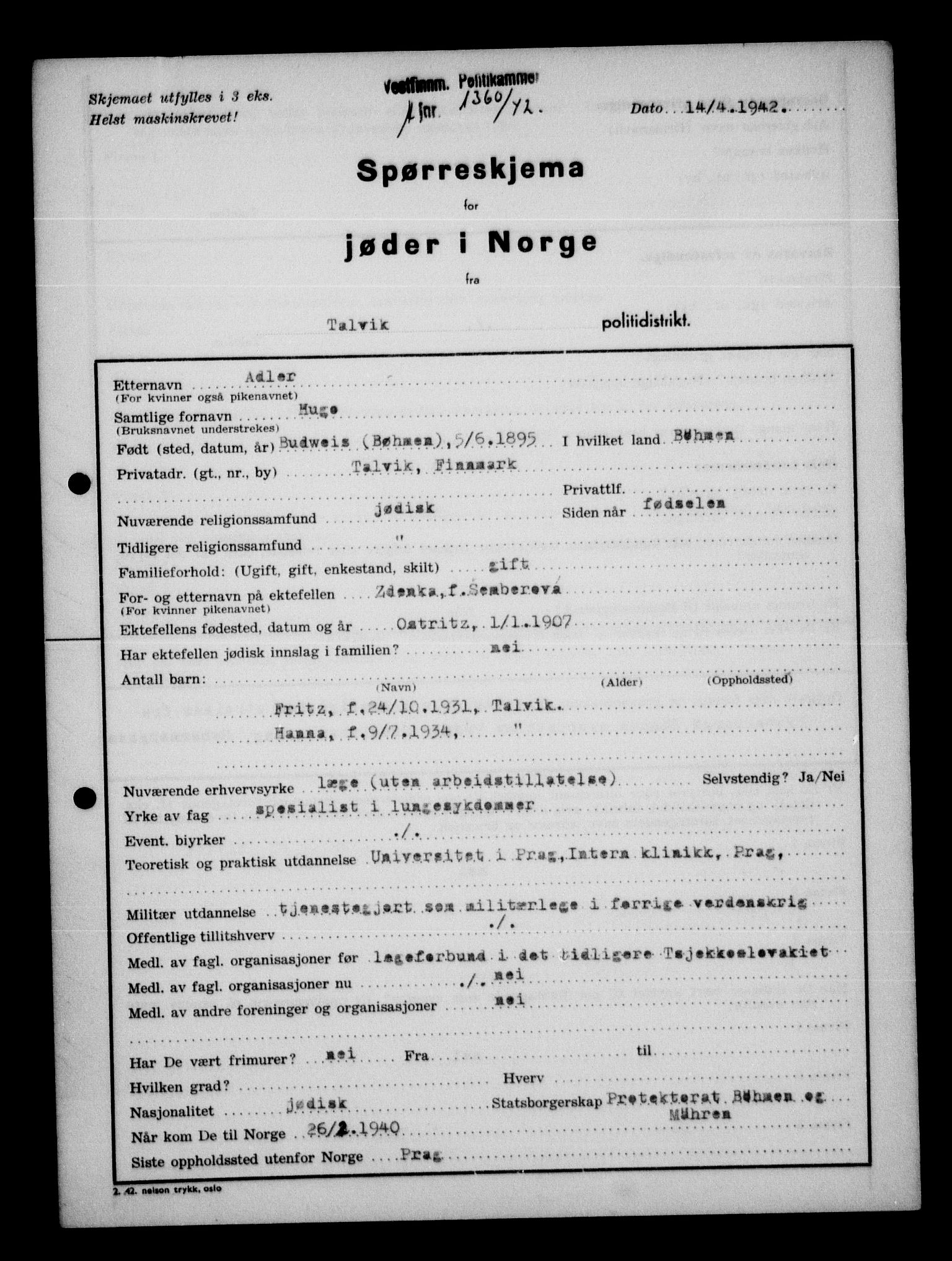 Statspolitiet - Hovedkontoret / Osloavdelingen, AV/RA-S-1329/G/Ga/L0013: Spørreskjema for jøder i Norge. 1: Sandefjord-Trondheim. 2: Tønsberg- Ålesund.  3: Skriv vedr. jøder A-H.  , 1942-1943, s. 683