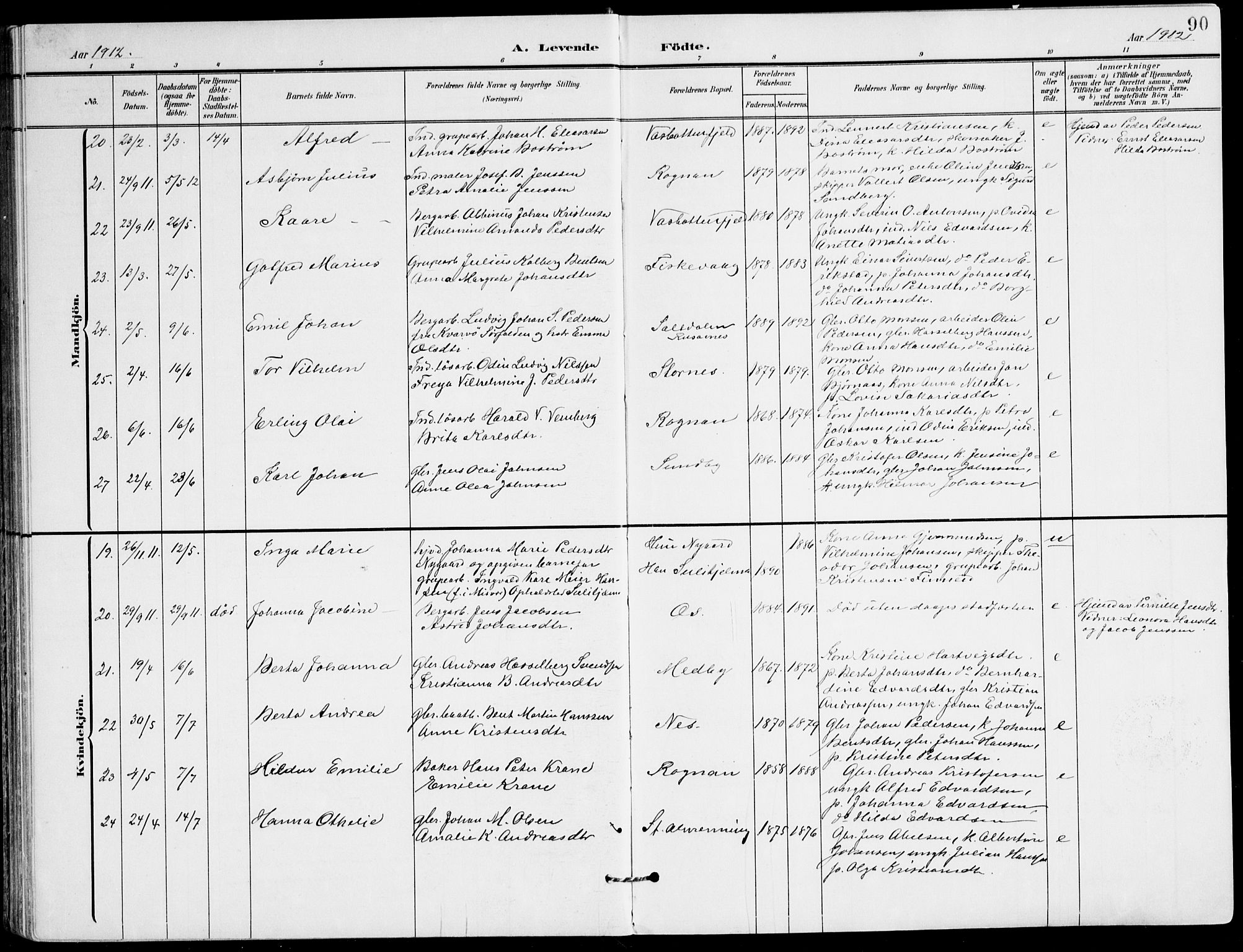 Ministerialprotokoller, klokkerbøker og fødselsregistre - Nordland, SAT/A-1459/847/L0672: Ministerialbok nr. 847A12, 1902-1919, s. 90
