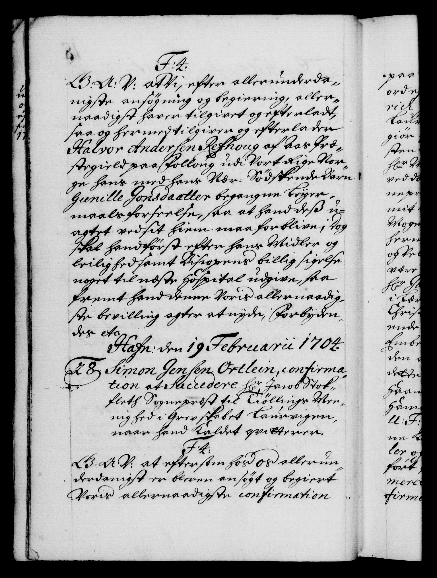 Danske Kanselli 1572-1799, RA/EA-3023/F/Fc/Fca/Fcaa/L0019: Norske registre, 1704-1707, s. 18b