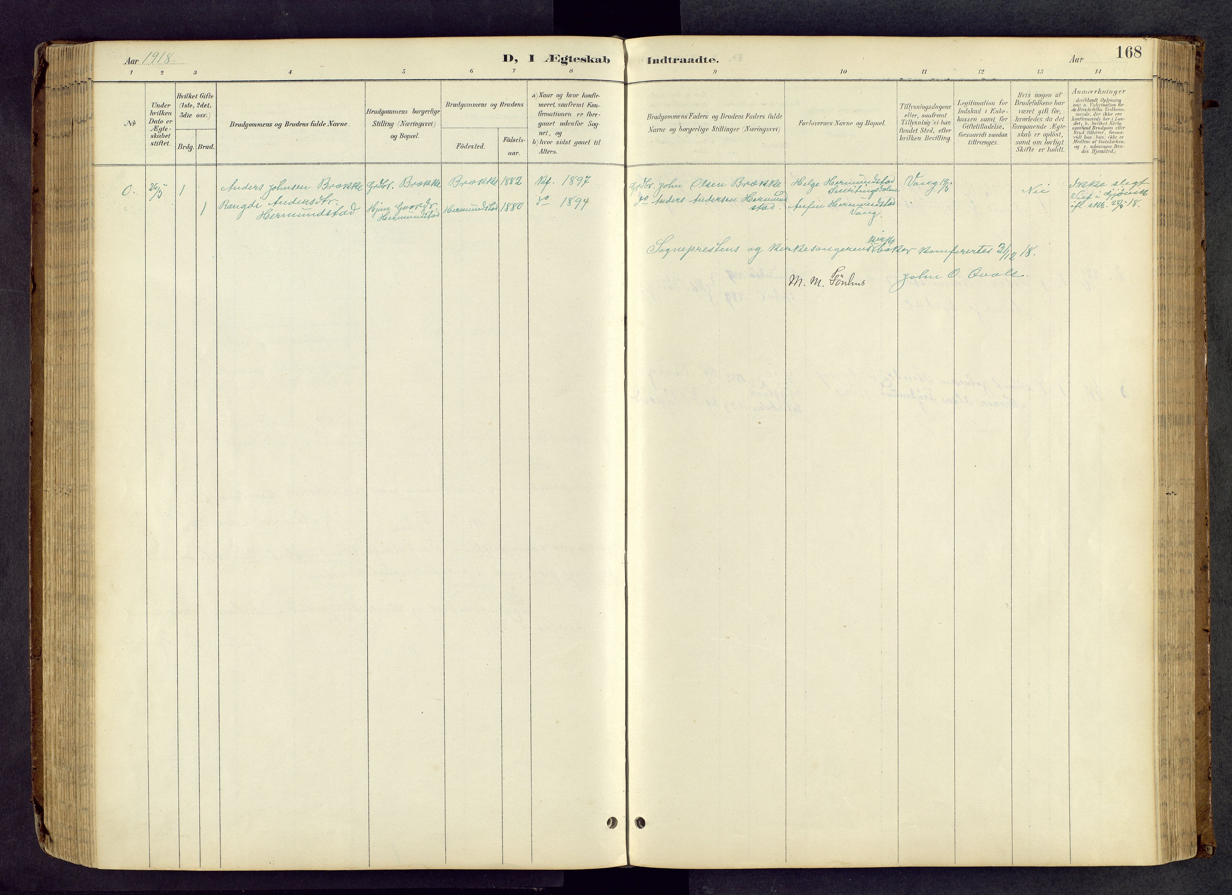 Vang prestekontor, Valdres, AV/SAH-PREST-140/H/Hb/L0005: Klokkerbok nr. 5, 1889-1945, s. 168