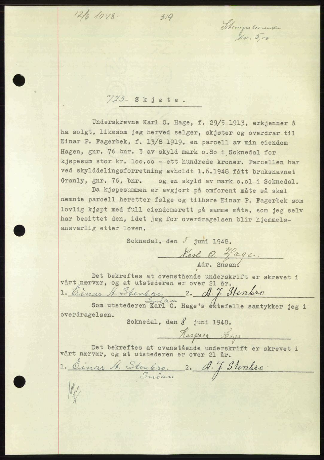 Gauldal sorenskriveri, SAT/A-0014/1/2/2C: Pantebok nr. A6, 1948-1948, Dagboknr: 723/1948