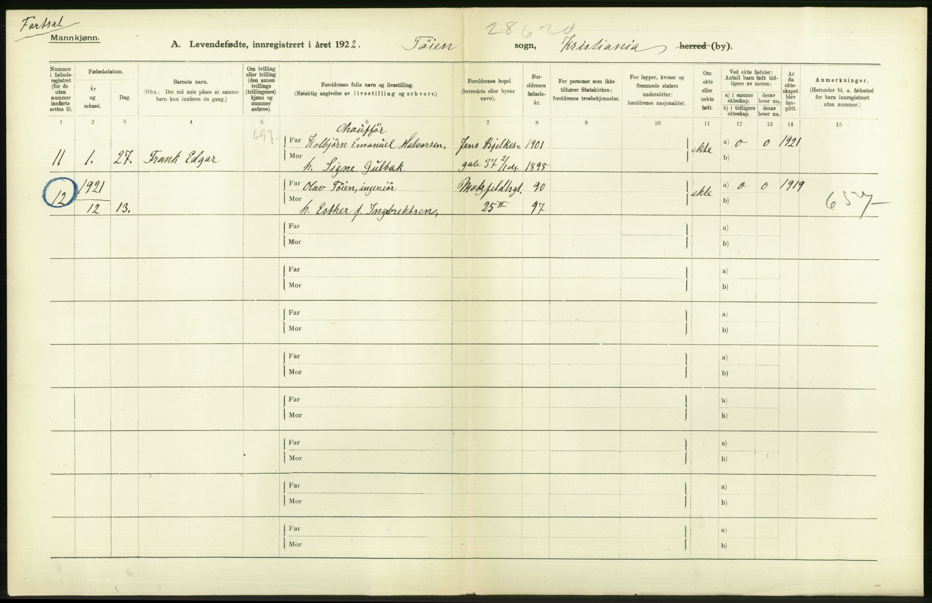 Statistisk sentralbyrå, Sosiodemografiske emner, Befolkning, AV/RA-S-2228/D/Df/Dfc/Dfcb/L0007: Kristiania: Levendefødte menn og kvinner., 1922, s. 72