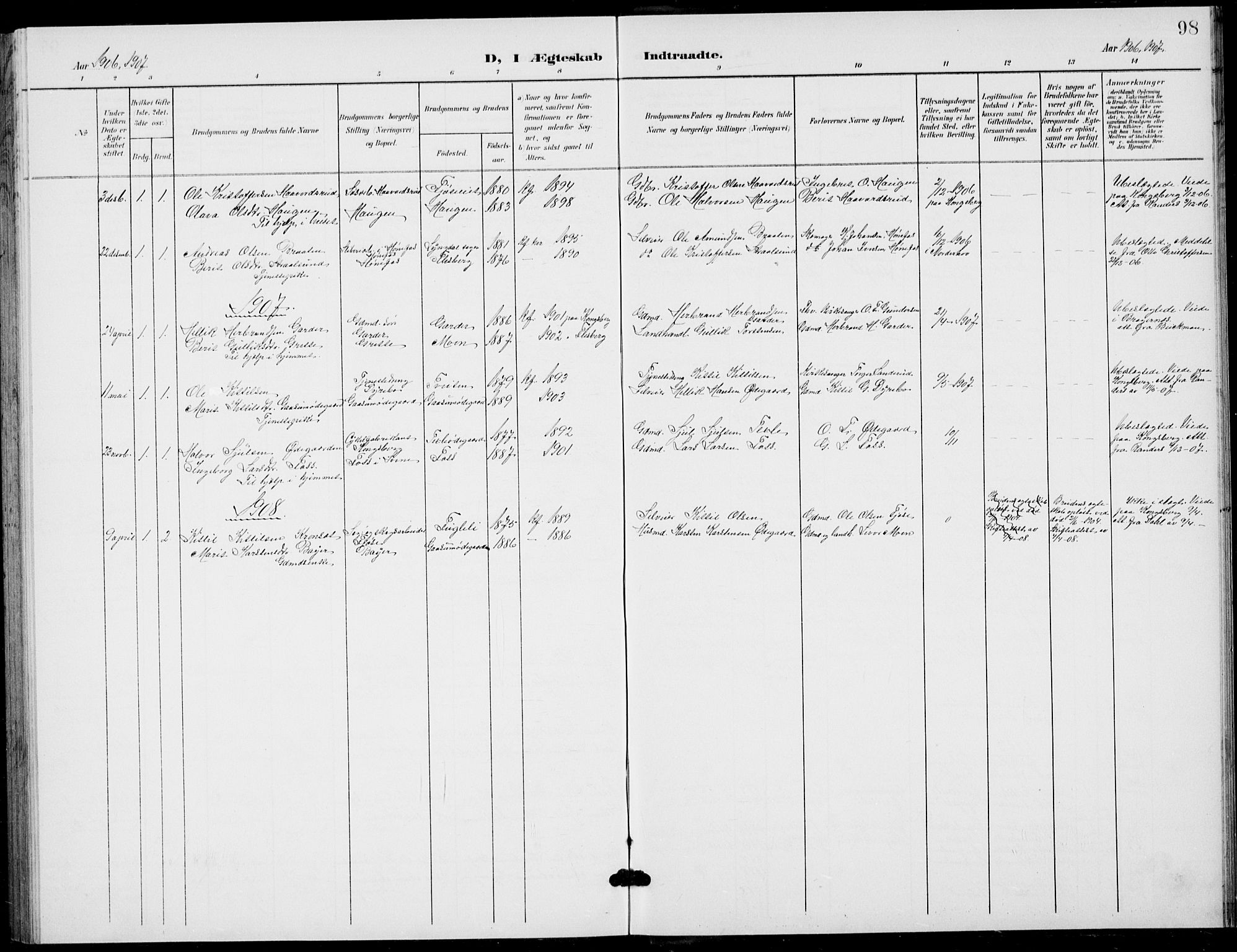 Flesberg kirkebøker, AV/SAKO-A-18/G/Ga/L0005: Klokkerbok nr. I 5, 1899-1908, s. 98