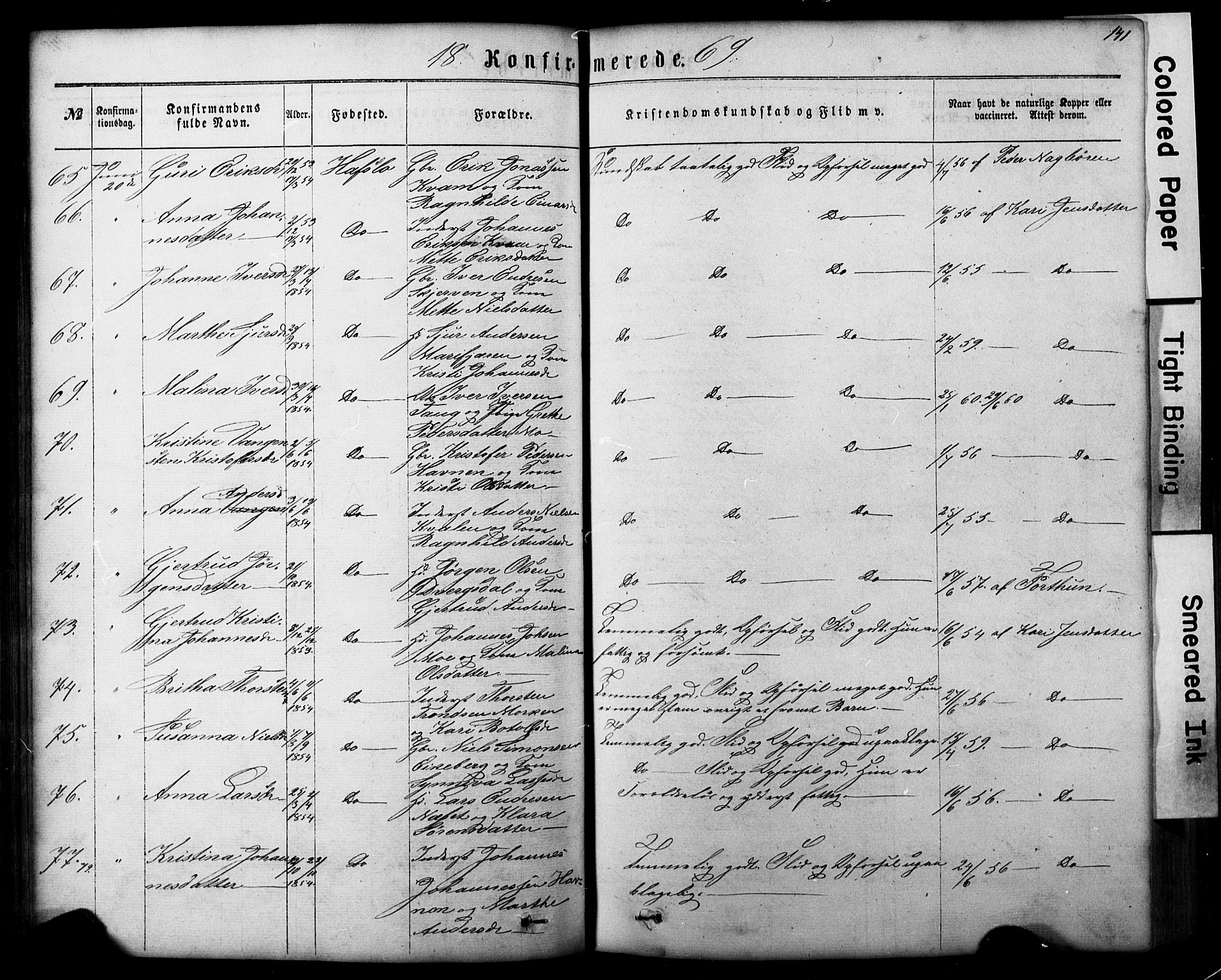 Hafslo sokneprestembete, AV/SAB-A-80301/H/Hab/Haba/L0001: Klokkerbok nr. A 1, 1866-1908, s. 141