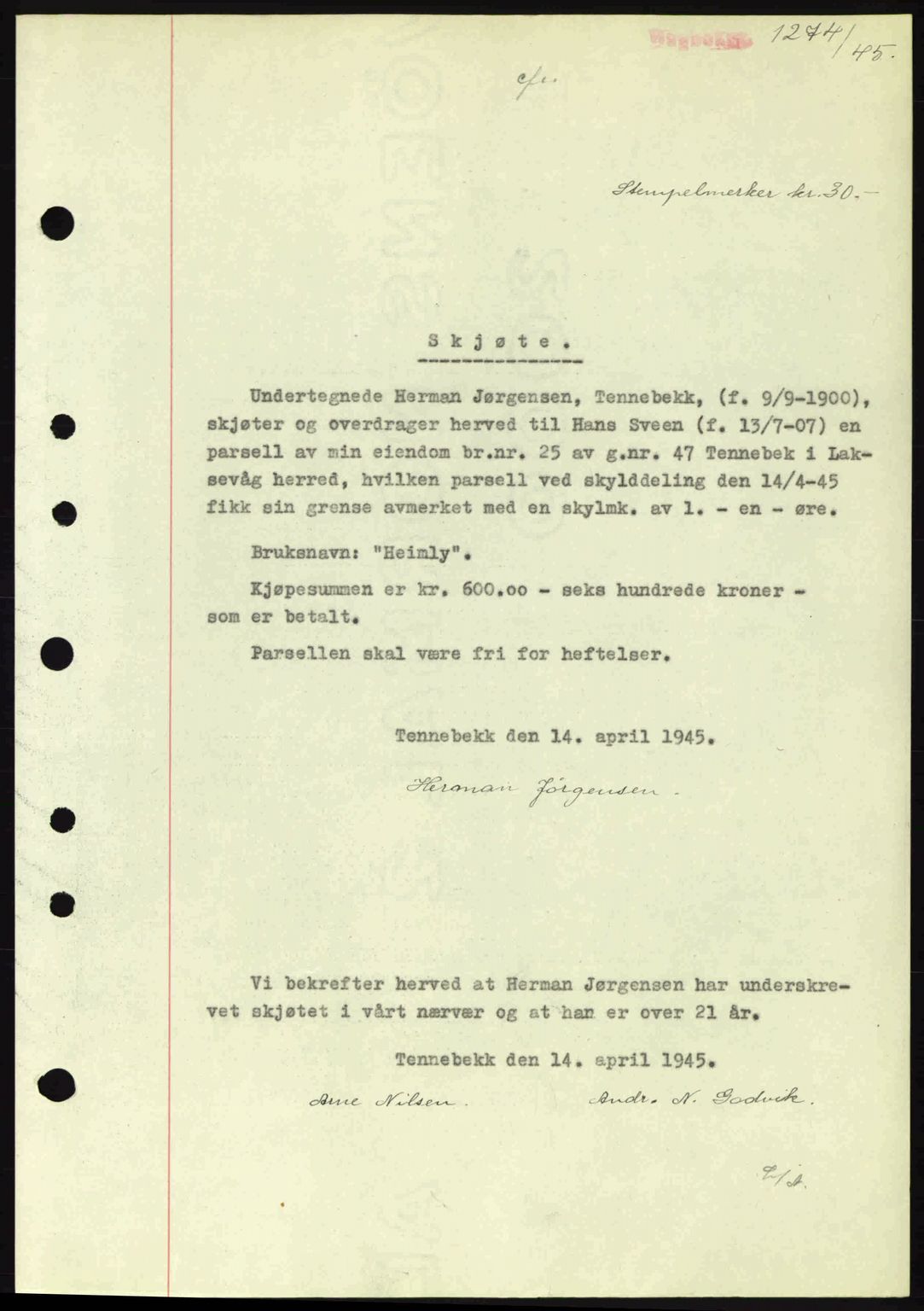 Midhordland sorenskriveri, SAB/A-3001/1/G/Gb/Gbk/L0008: Pantebok nr. A36-41, 1944-1945, Dagboknr: 1274/1945