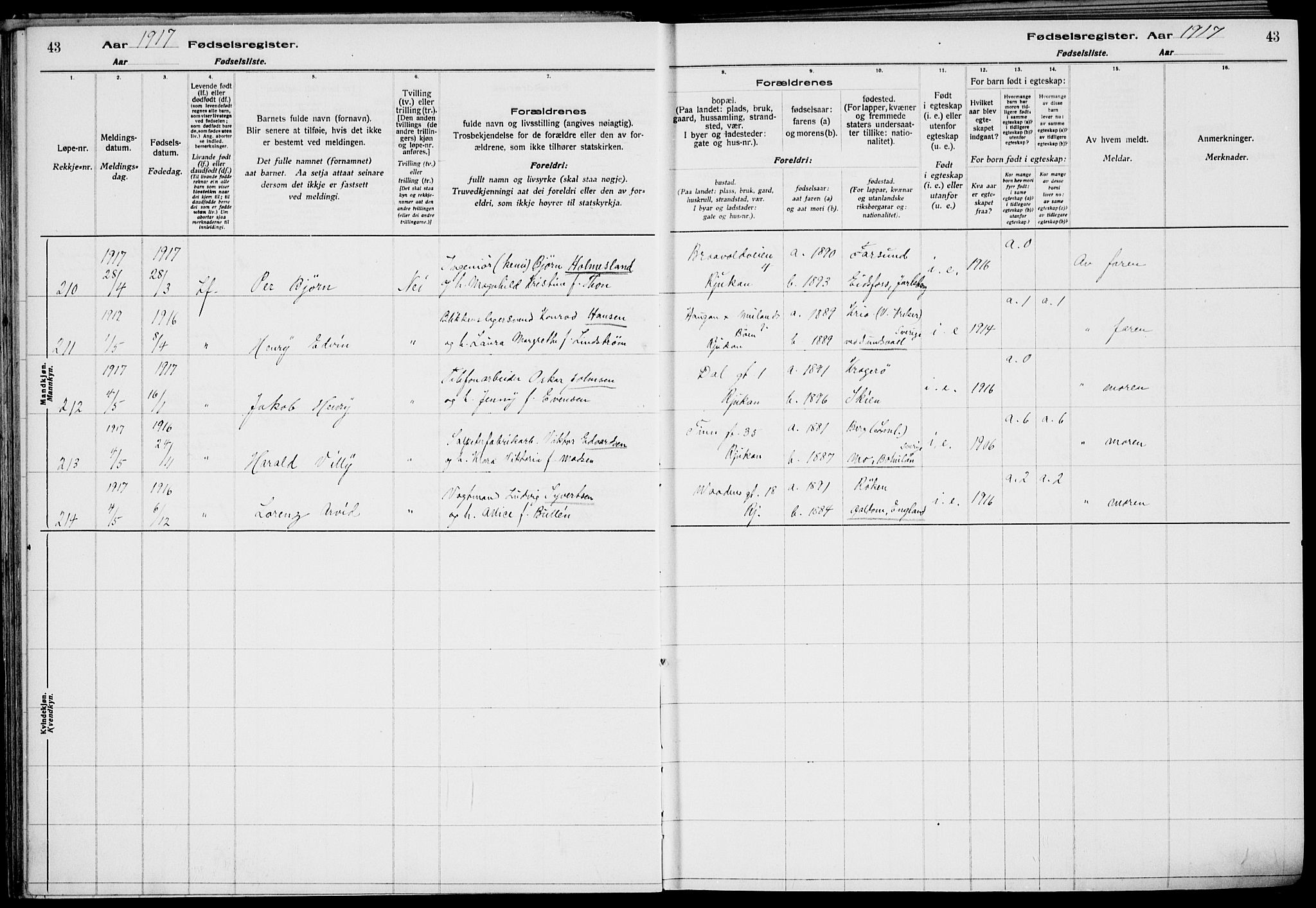 Rjukan kirkebøker, AV/SAKO-A-294/J/Ja/L0001: Fødselsregister nr. 1, 1916-1922, s. 43